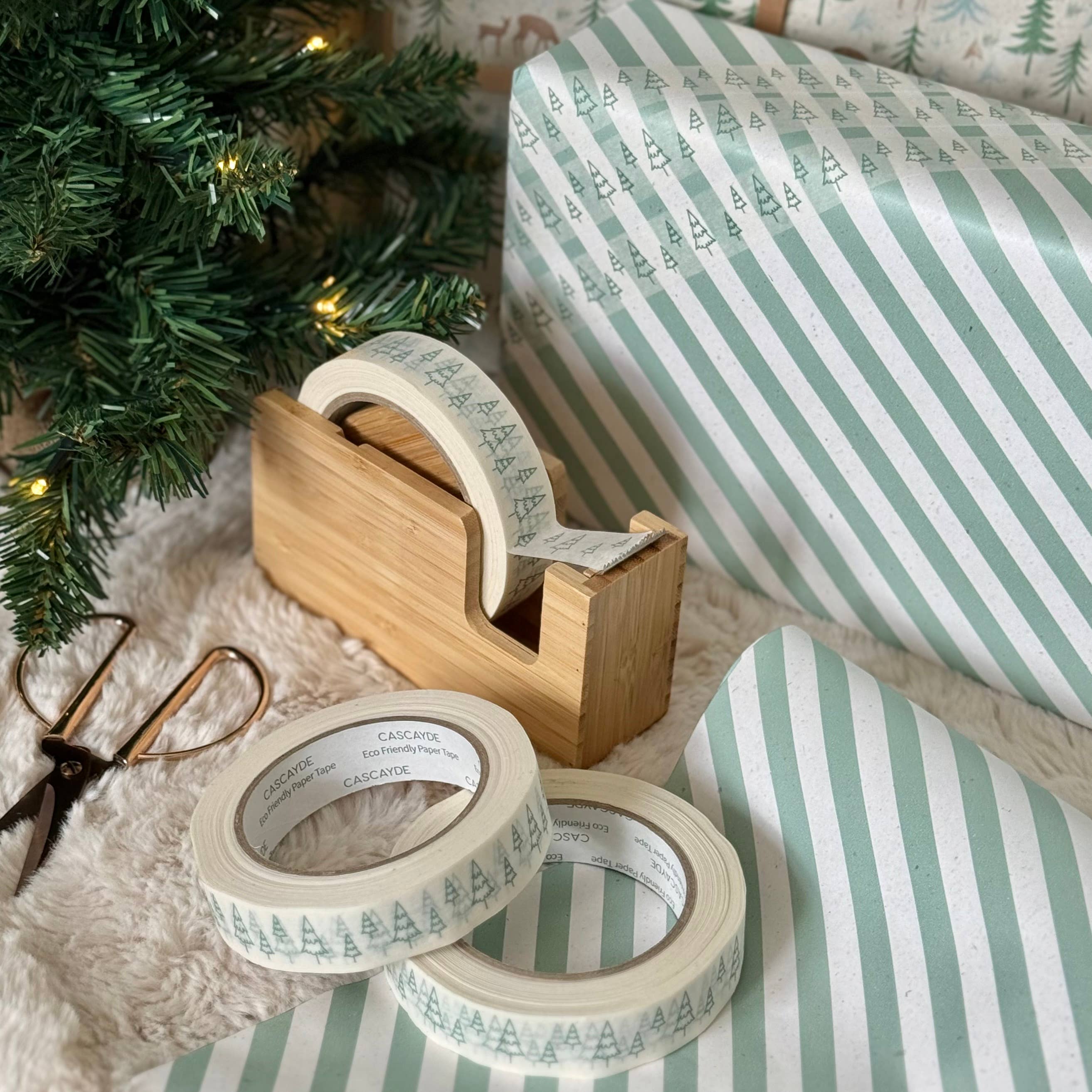 Green Christmas Tree on White Paper Tape - 50m - Lifestory