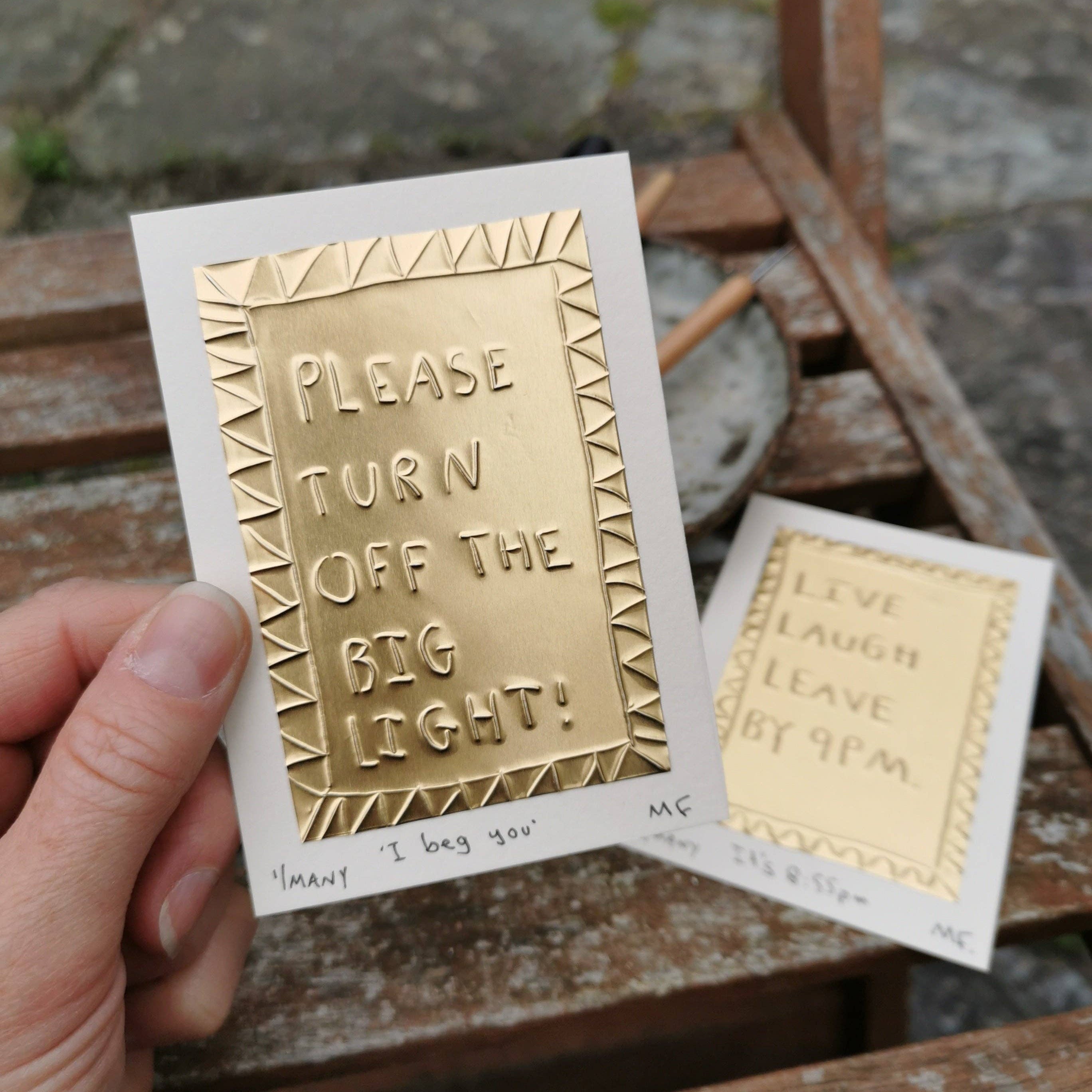 Meg Fatharly 'Please Turn Off the Big Light' Tin Embossed 10x8cm Artwork - Lifestory