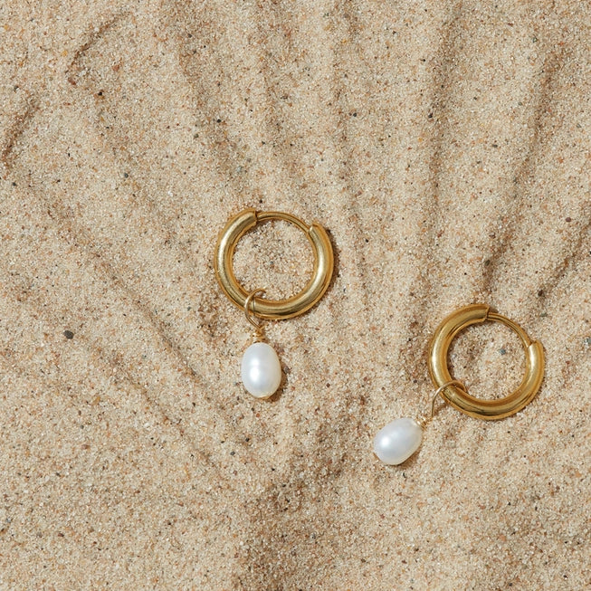 Tiny Pearl Hoop Earrings in Gold by A Weathered Penny - Lifestory