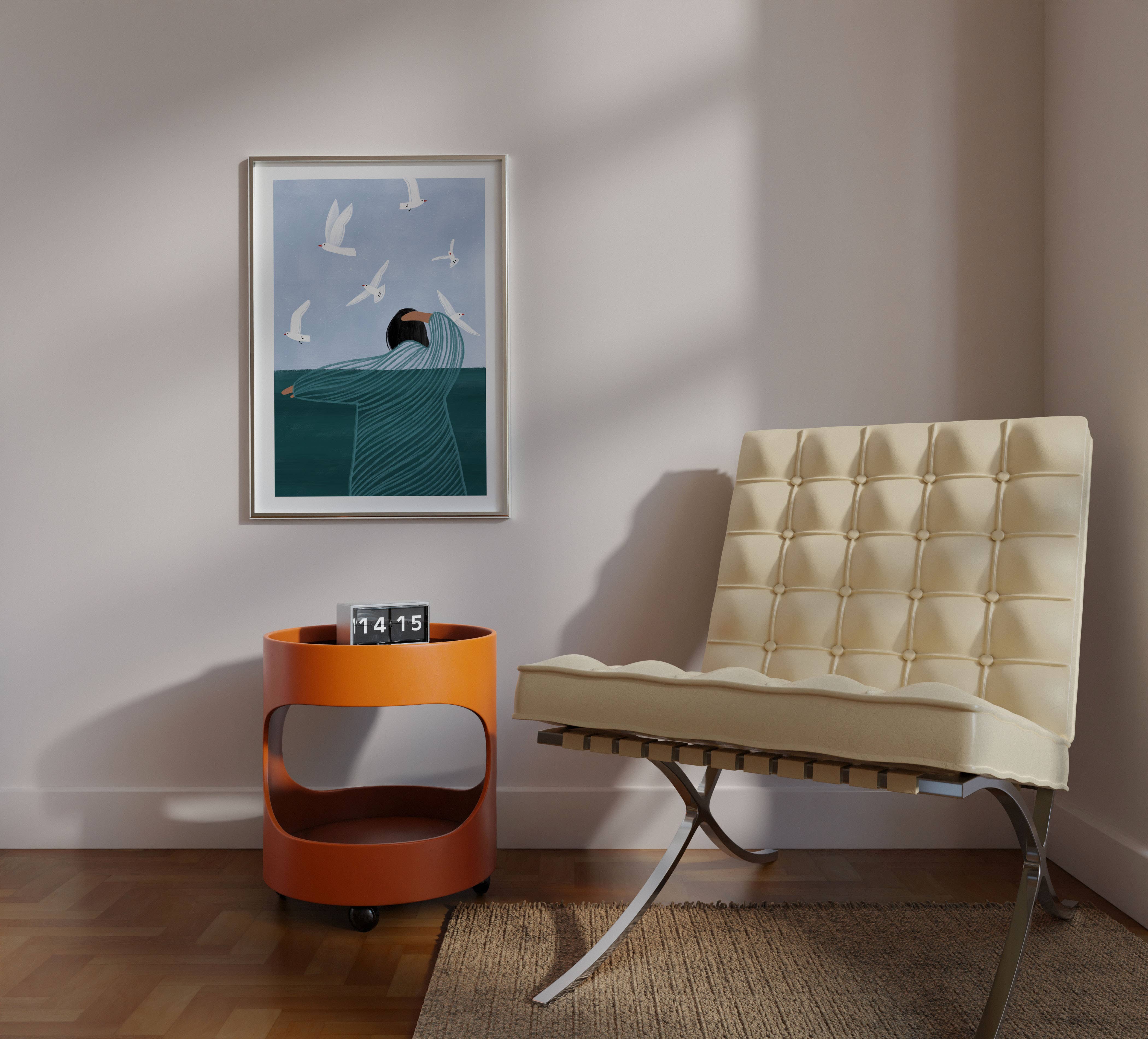 Bea Müller 'Seaside' A3 Unframed Art Print framed for reference and hanging on a wall above a yellow side table and pale yellow soft chair
