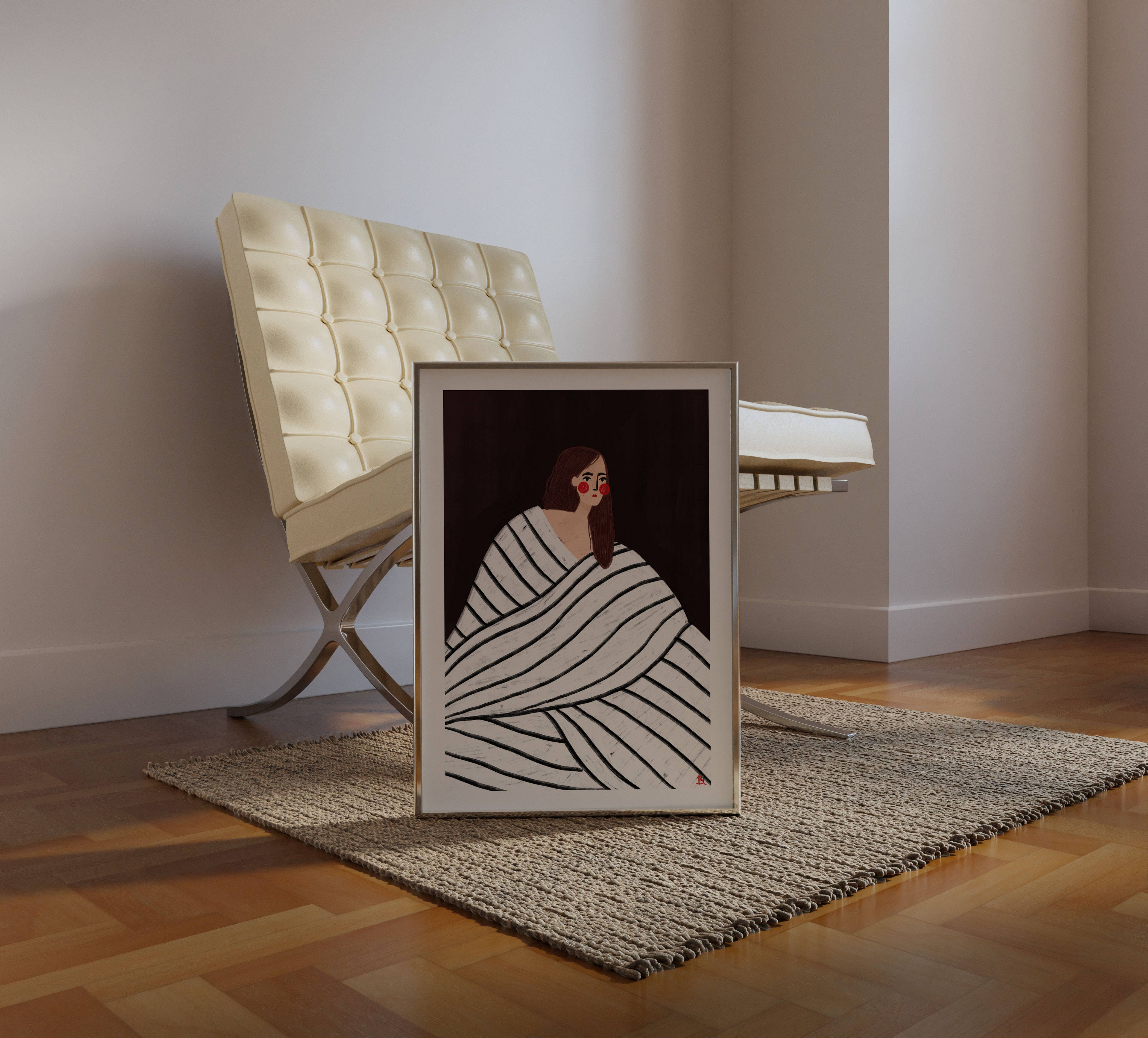 Bea Müller 'The Woman With The Black and White Stripes' A3 Unframed Art Print on the floor leaning against a chair