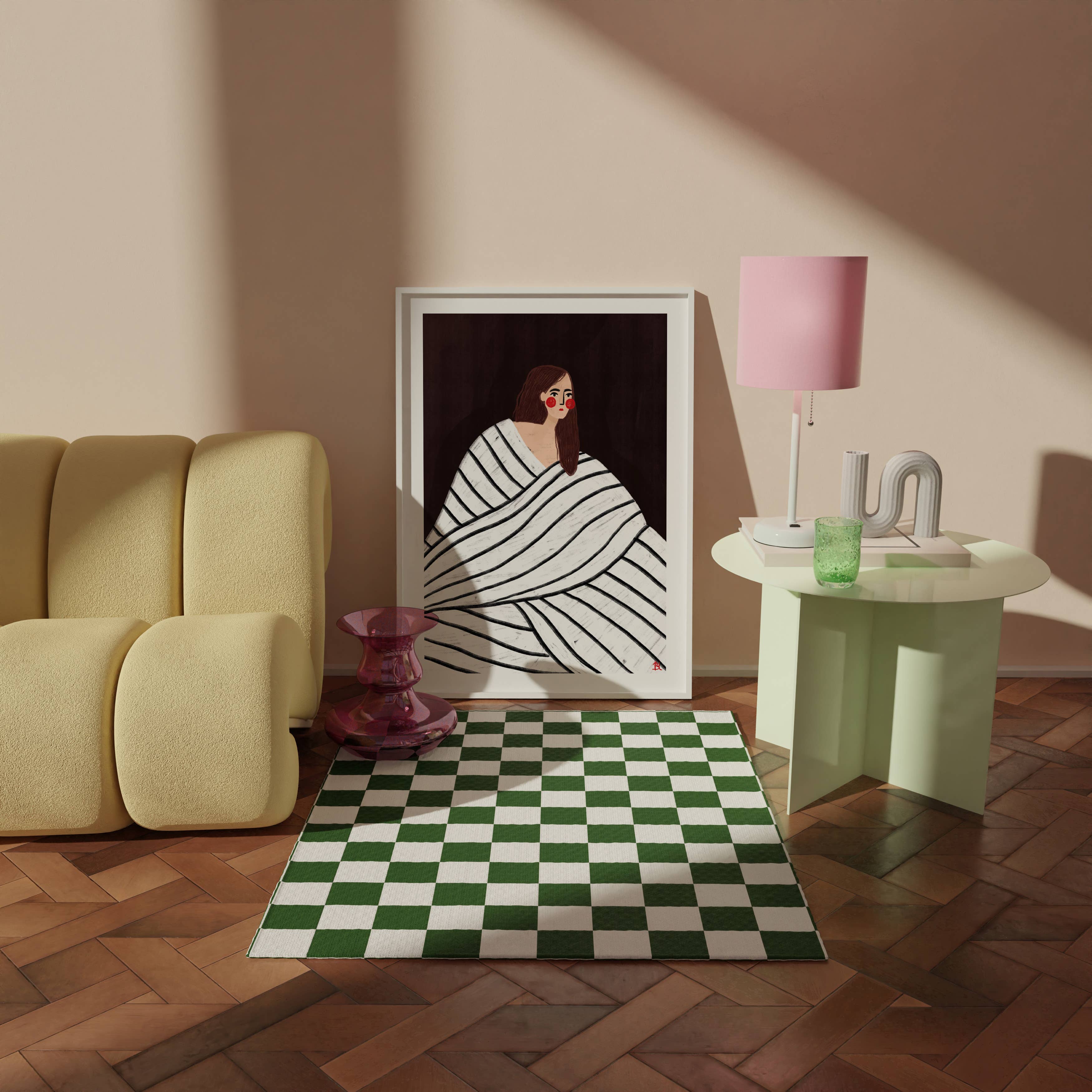 Bea Müller 'The Woman With The Black and White Stripes' A3 Unframed Art Print leaning against a wall next to a sofa and side table