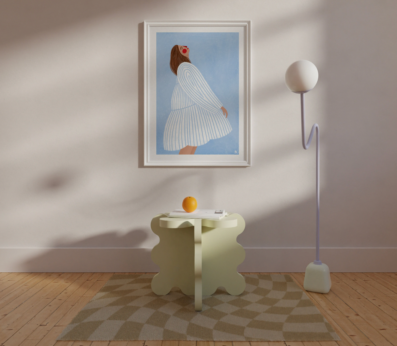 Bea Müller 'The Woman With The Blue Stripes' A3 Unframed Art Print framed and hanging above a curvy cream side table