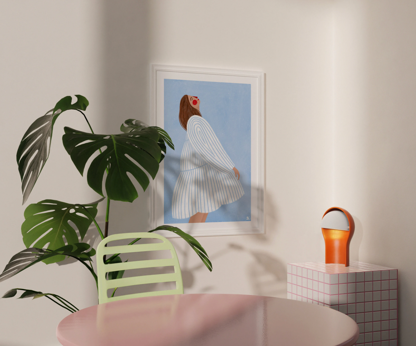 Bea Müller 'The Woman With The Blue Stripes' A3 Unframed Art Print framed and hanging next to a Monstera plant and above a table