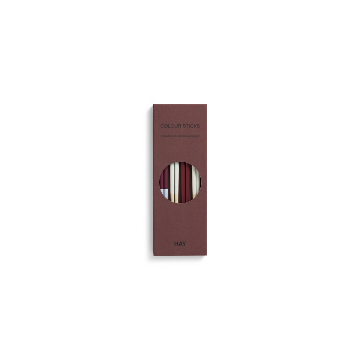 A slim rectangular brown box for HAY Colour Stick chopsticks, featuring a circular cutout that reveals several coloured sticks inside, set against a plain white background.