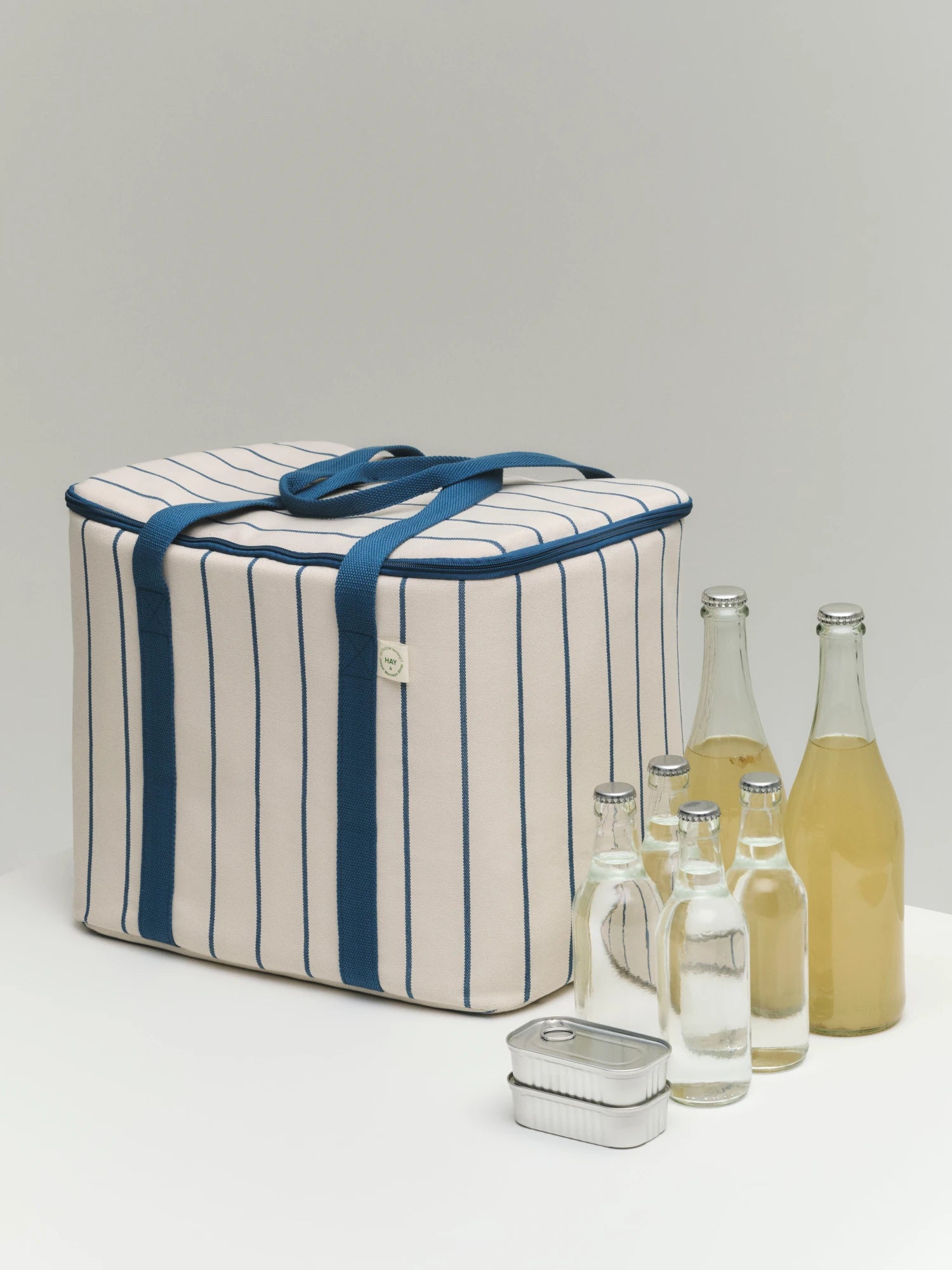 HAY Outdoor Market Cooler Bag (Recycled Poly) in Beige with Blue Stripe - Lifestory