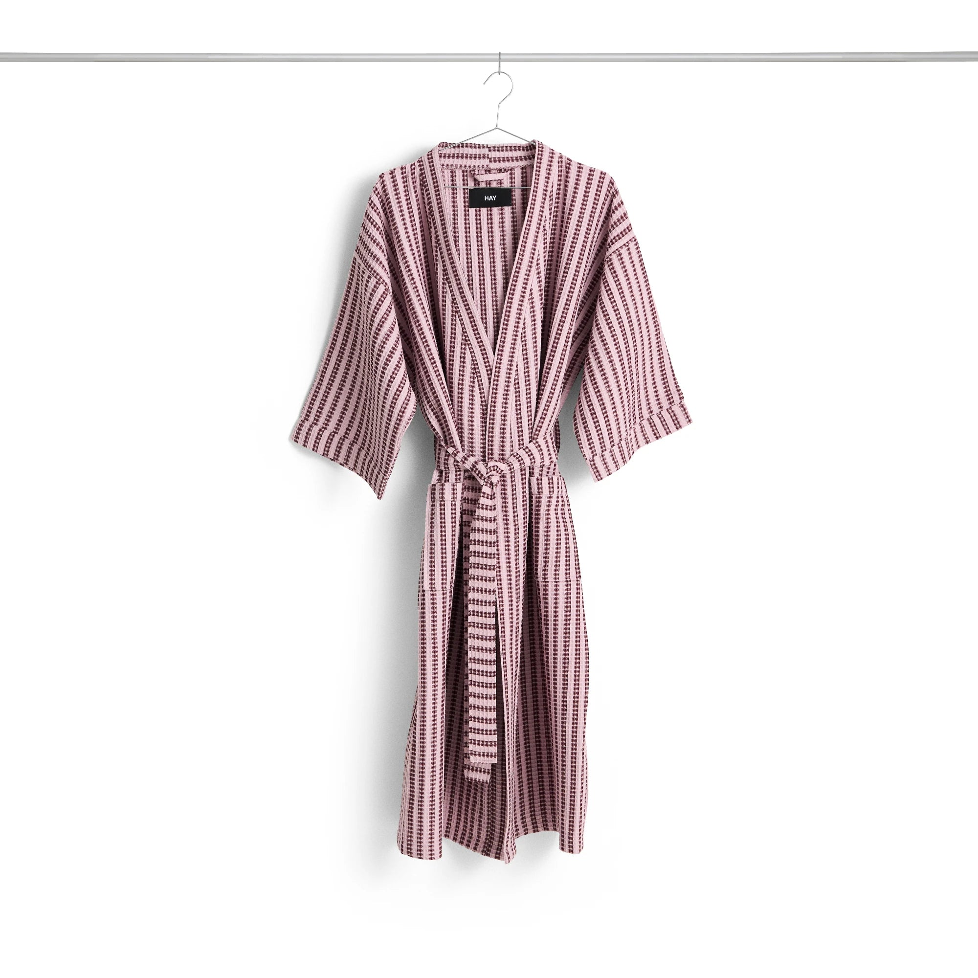 HAY waffle stripe bathrobe in cool piin on a hanger