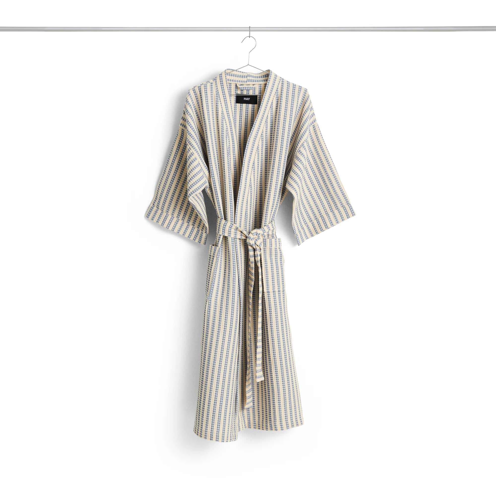 HAY waffle stripe bathrobe in dusty blue on a hanger