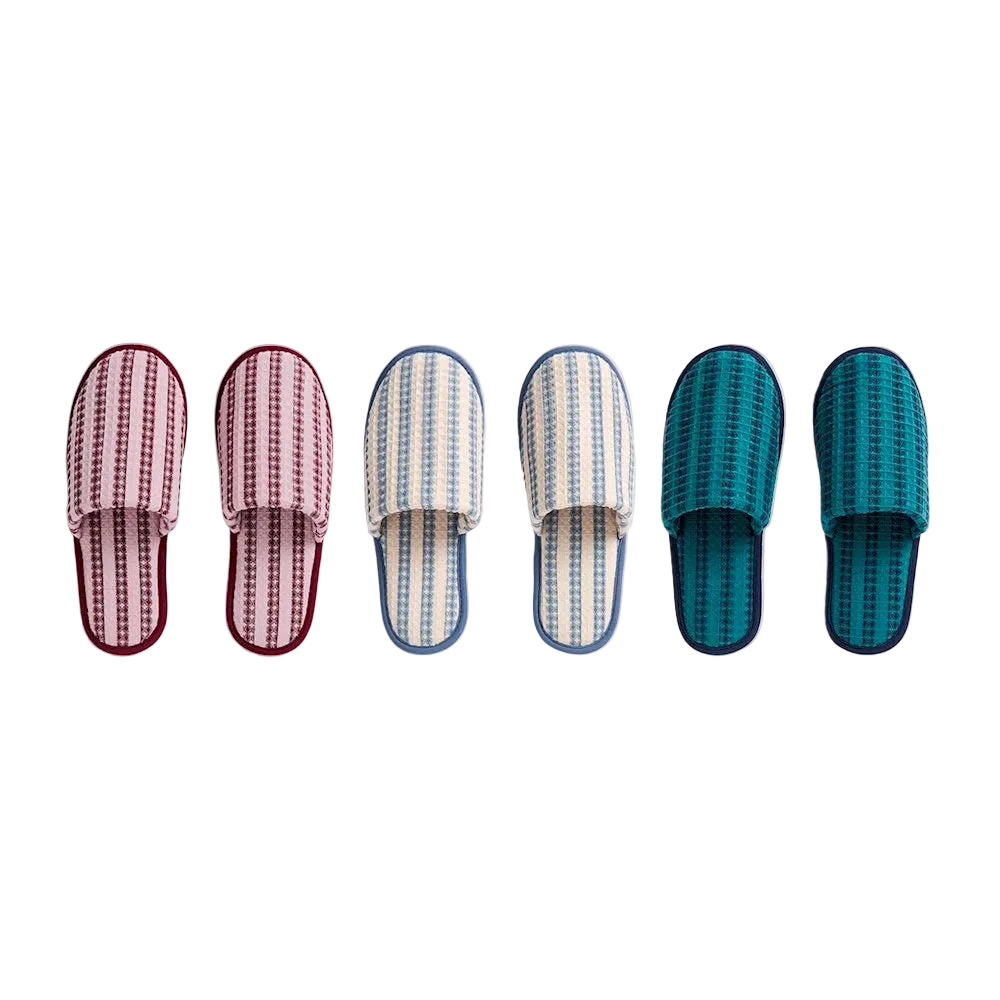 Hay Cotton Waffle Slippers Stripe in pink, dusty blue and petrol blue on a white background