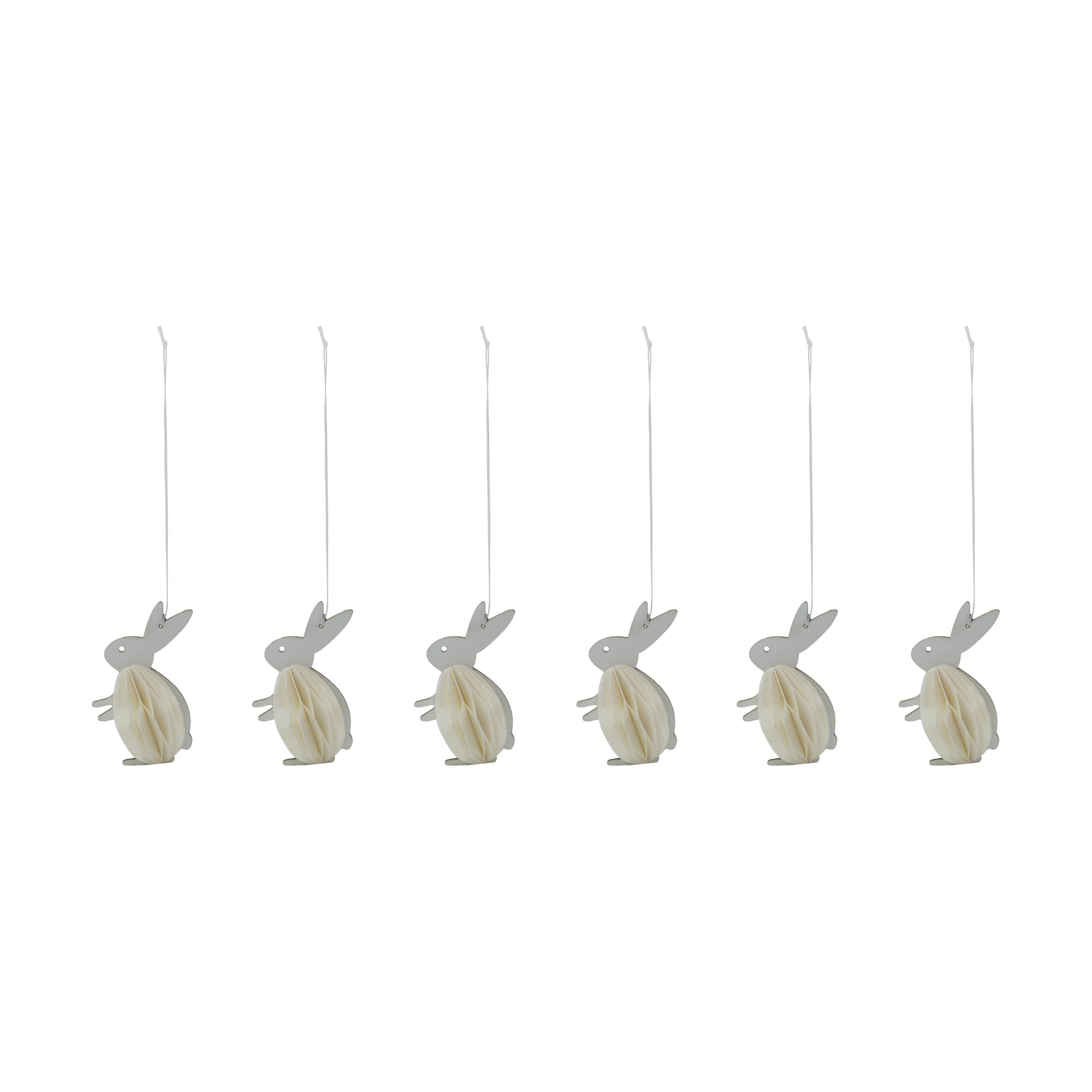 Six white hanging bunny-shaped decorations on a white background