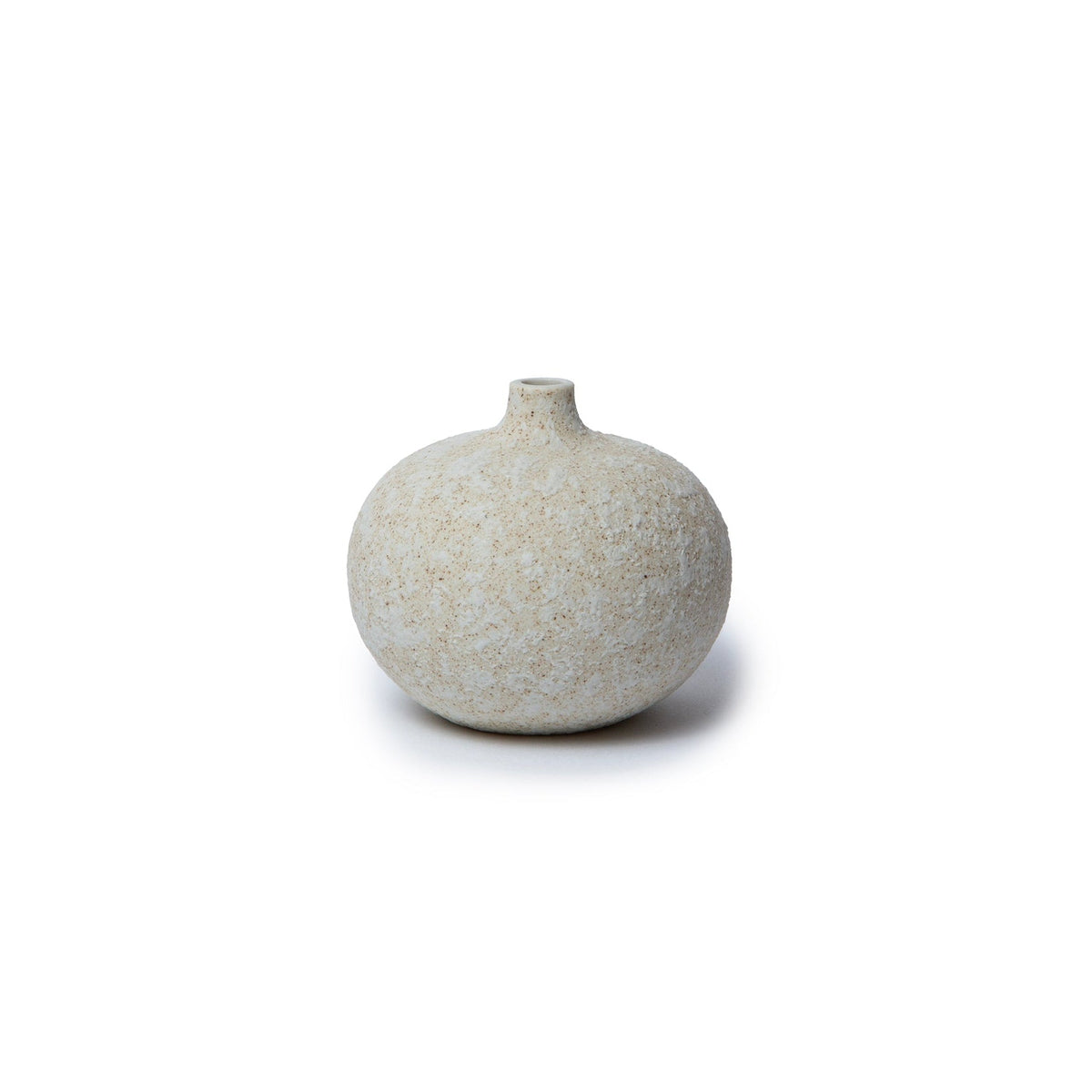 A small round ceramic vase with a short neck, featuring a speckled beige and off-white glaze, centered on a solid white background.