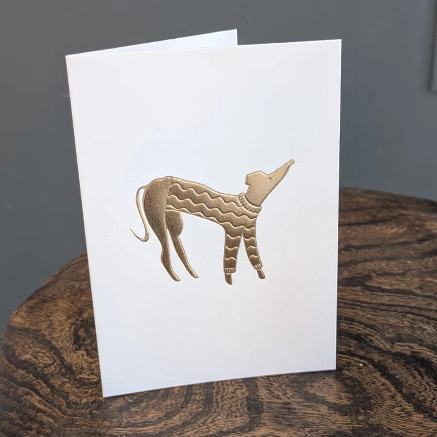 Meg Fatharly Dog In a Jumper Gold Embossed Keepsake Card