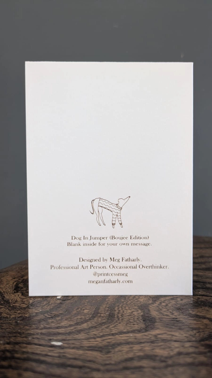 Meg Fatharly Dog In a Jumper Gold Embossed Keepsake Card
