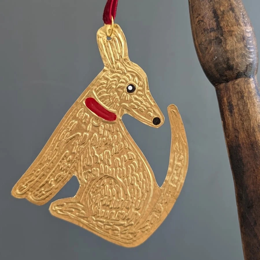 Meg Fatharly Tin Embossing Sitting Dog Ornament with Ribbon