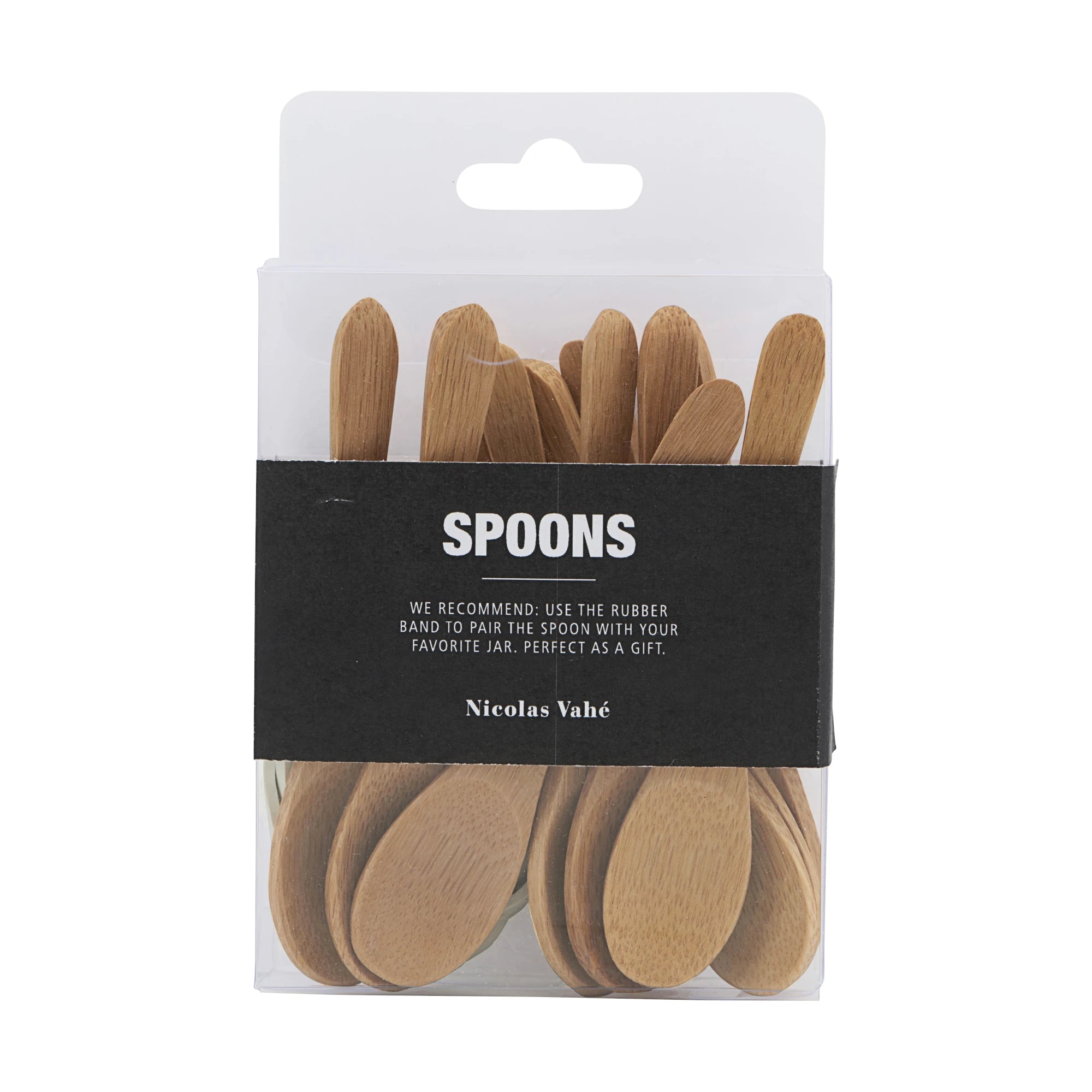 Packaged wooden spoons with a black label on a white background