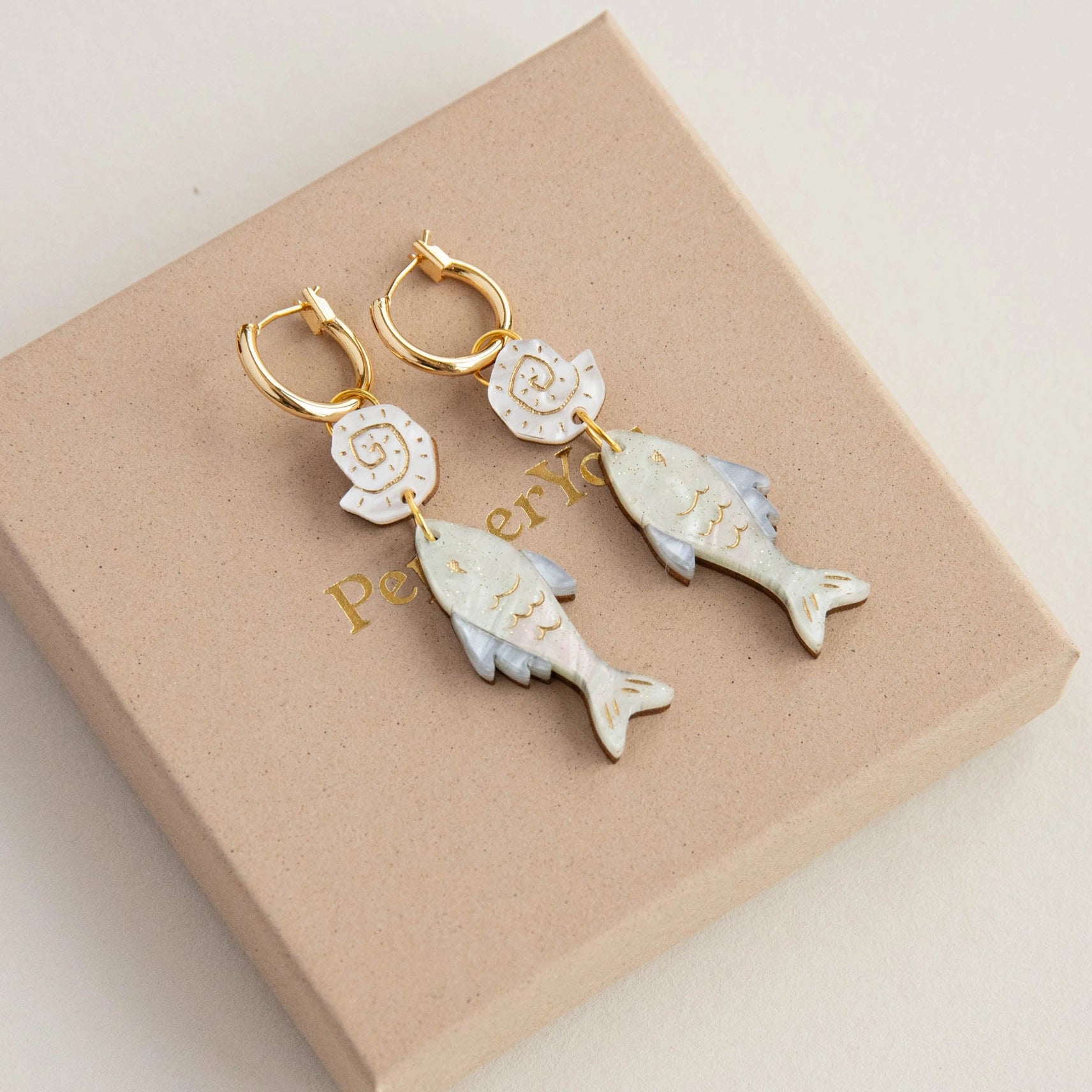 Pepper You Acrylic & Wood Anchovy & Shell Hoop Earrings in pearly mint and blue gold