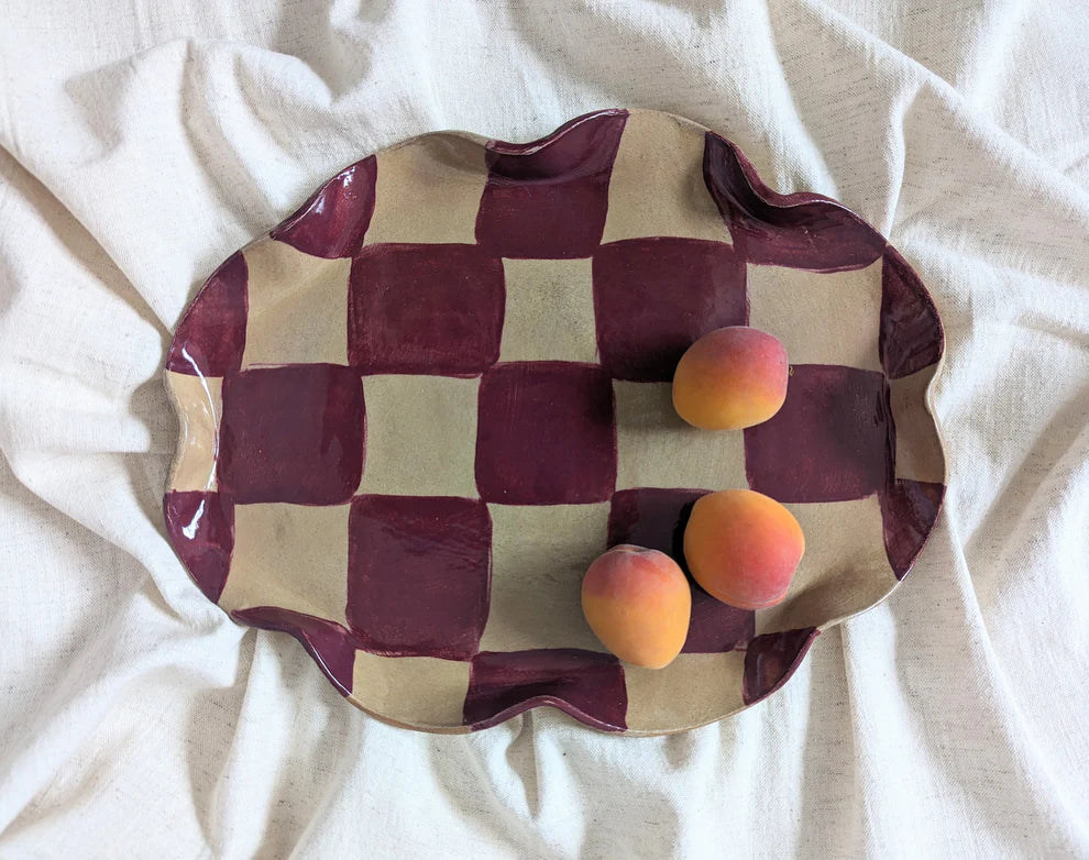 Rosie Gore Wavy Check Oval Platter in Burgundy - Lifestory