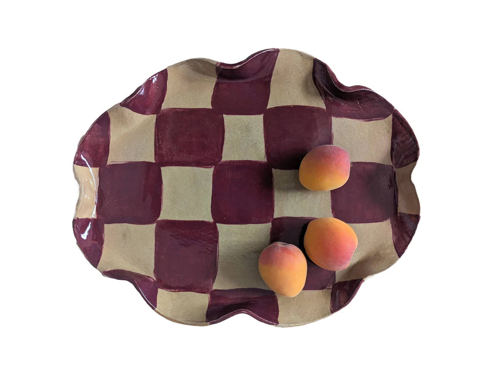 Rosie Gore Wavy Check Oval Platter in Burgundy - Lifestory
