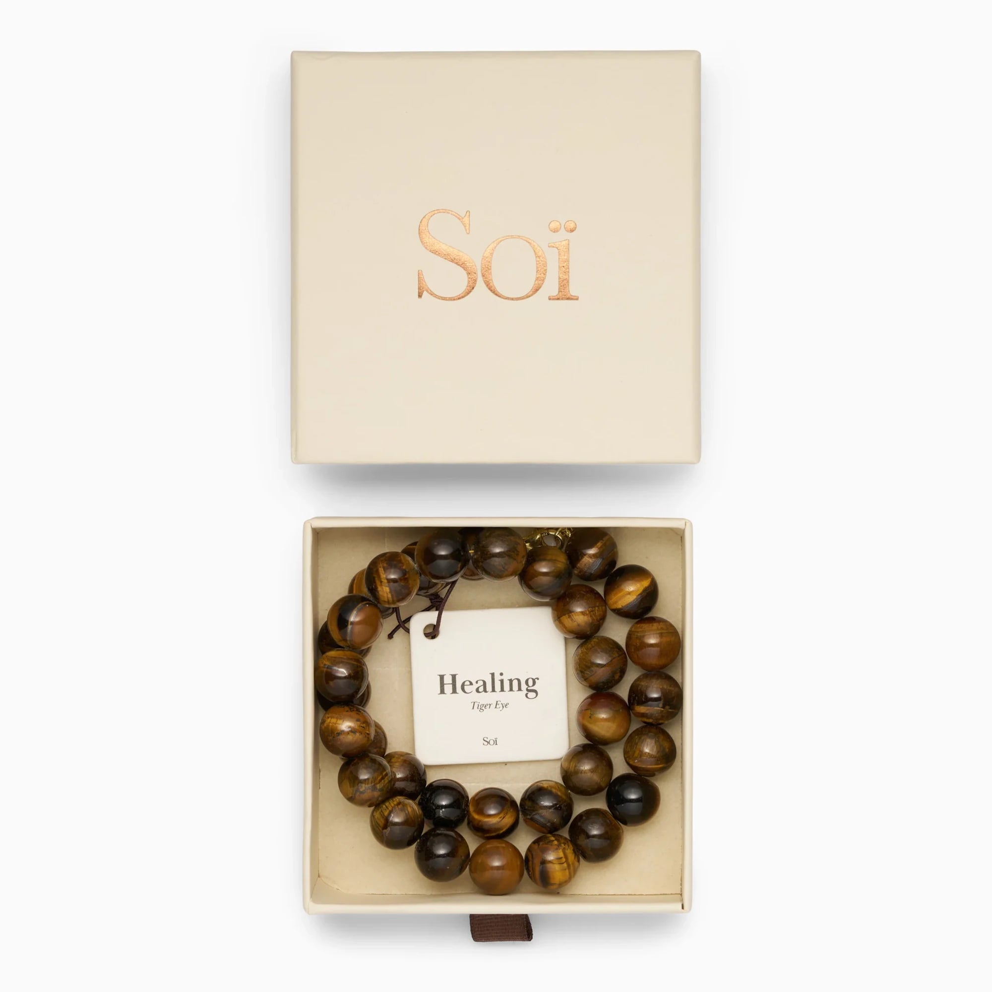 Soï Copenhagen Faro necklace with chunky Tiger Eye crystal beads in 18k gold with jewellery box