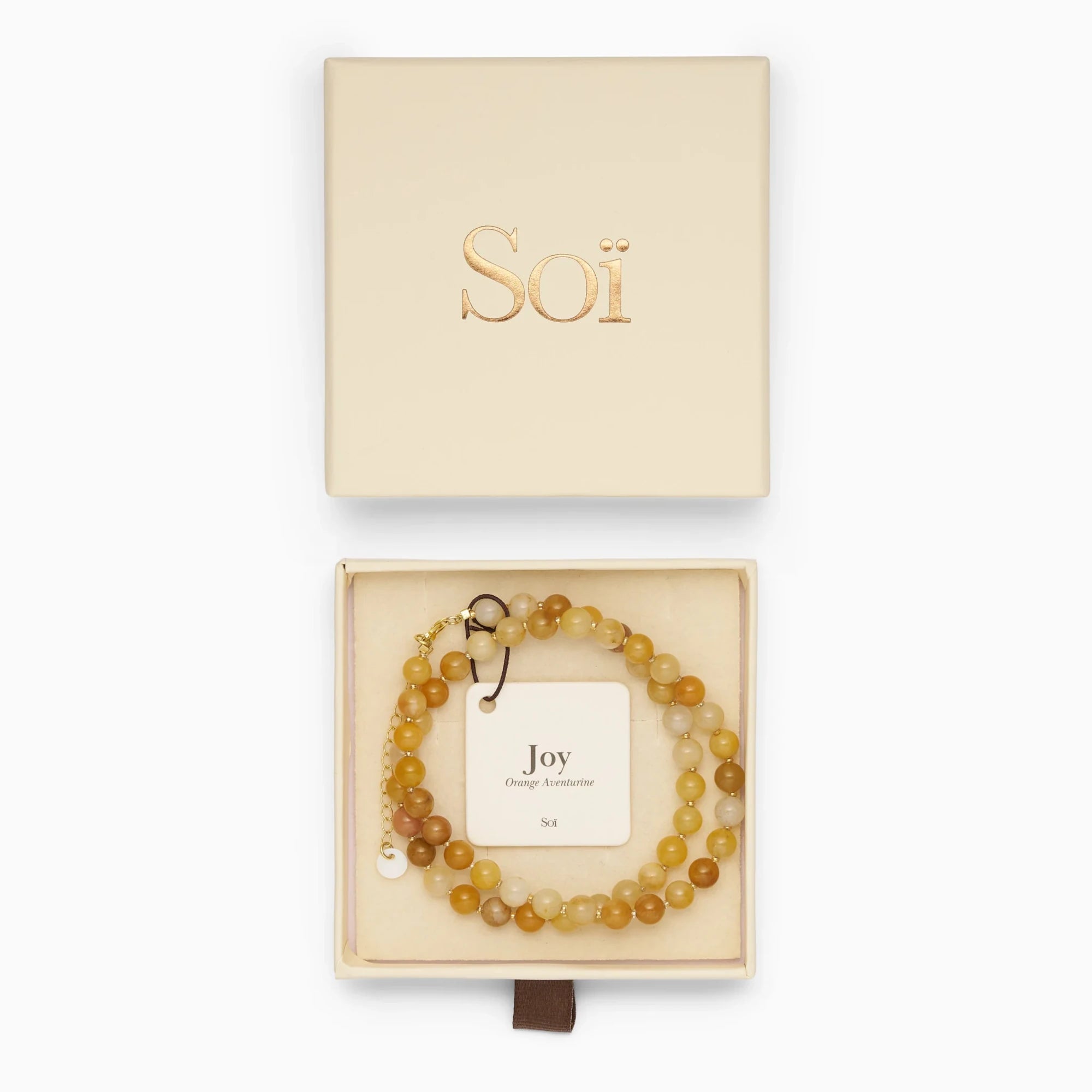Soï Copenhagen Hailey necklace with Orange Aventurine crystal beads in 18k gold in jewellery box
