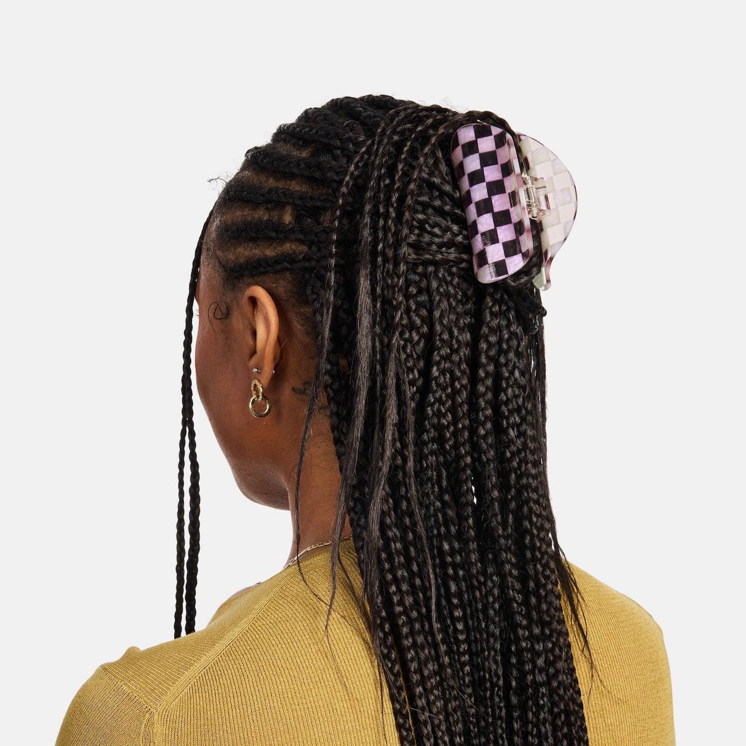 CHUNKS Checker Hair Claw in Smokey Quartz being worn by a model with black braided hair in a half up style