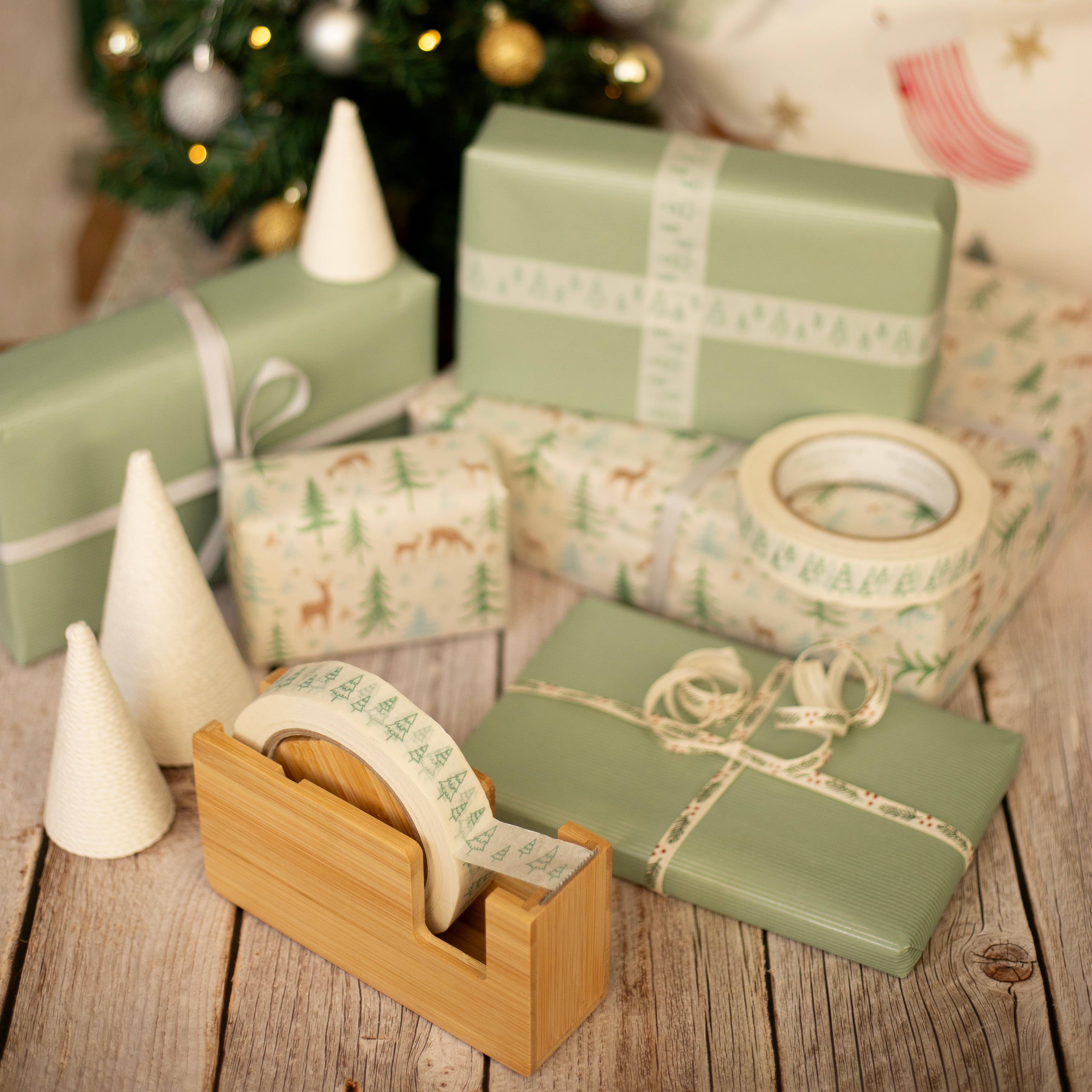 Green Christmas Tree on White Paper Tape - 50m - Lifestory