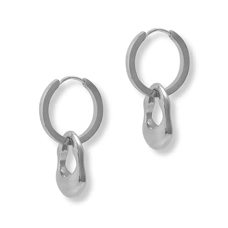 Pair of silver hoop earrings on a white background
