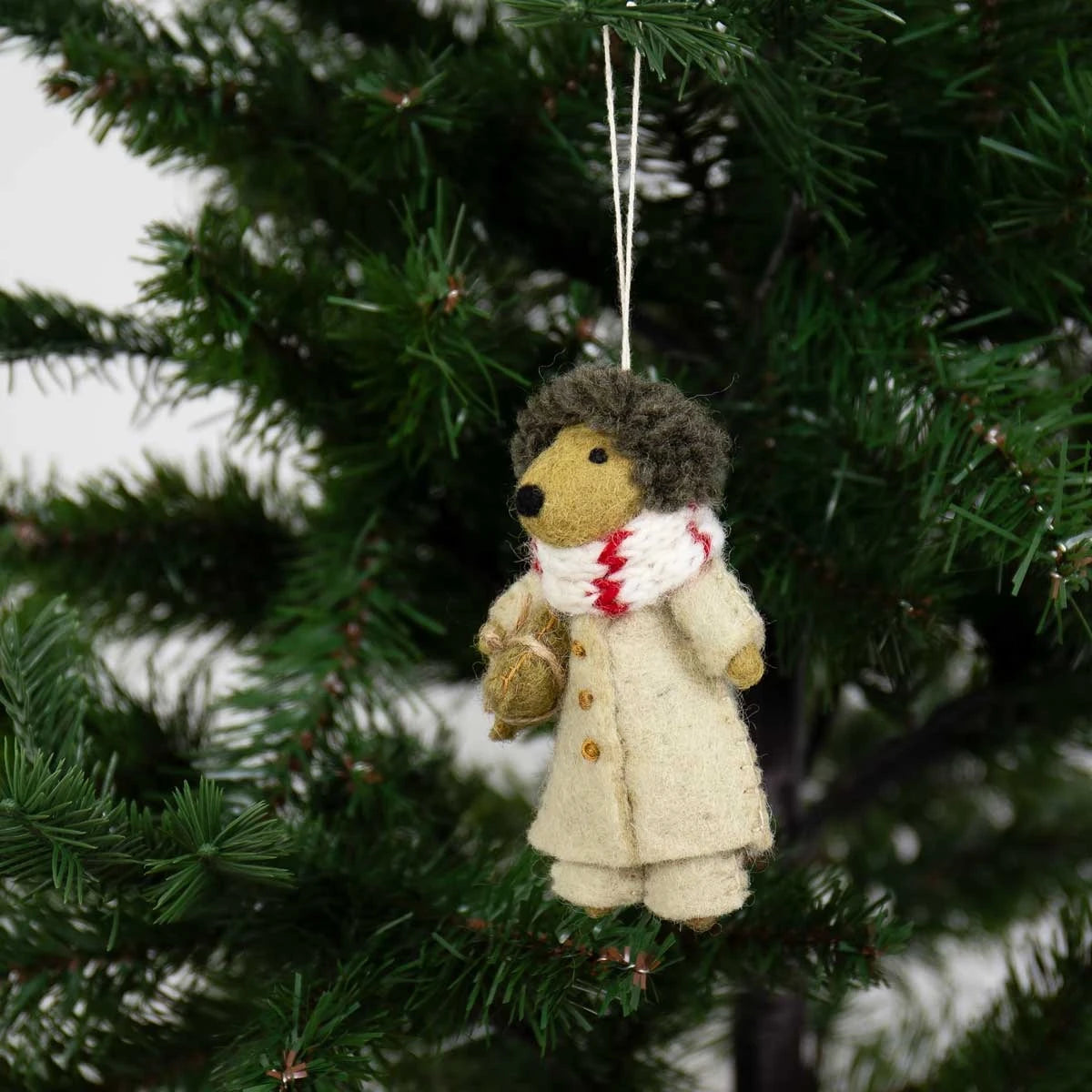 Hedgehog in A Beige Coat Hand Felted Hanging Ornament