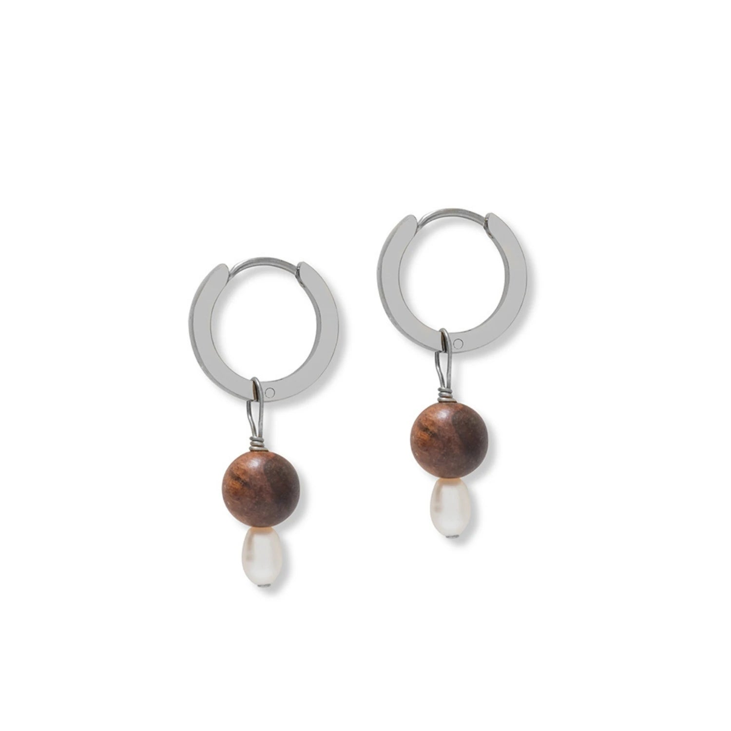 Pearl & Wood Small Hoop Earrings in Gold or Silver by A Weathered Penny - Lifestory