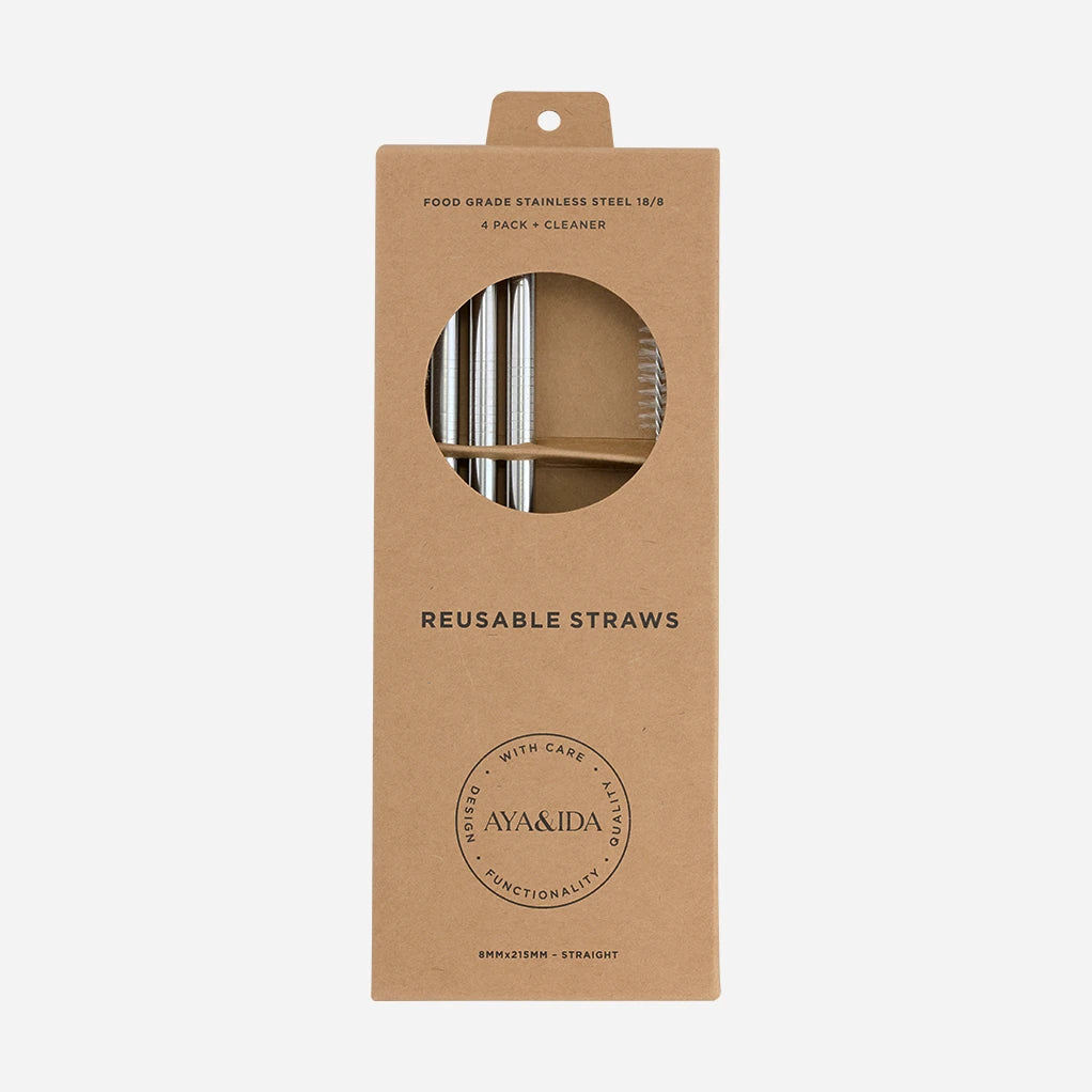 Aya&Ida Set of 4 Reusable Long Straight Steel Straws with Brush - Lifestory