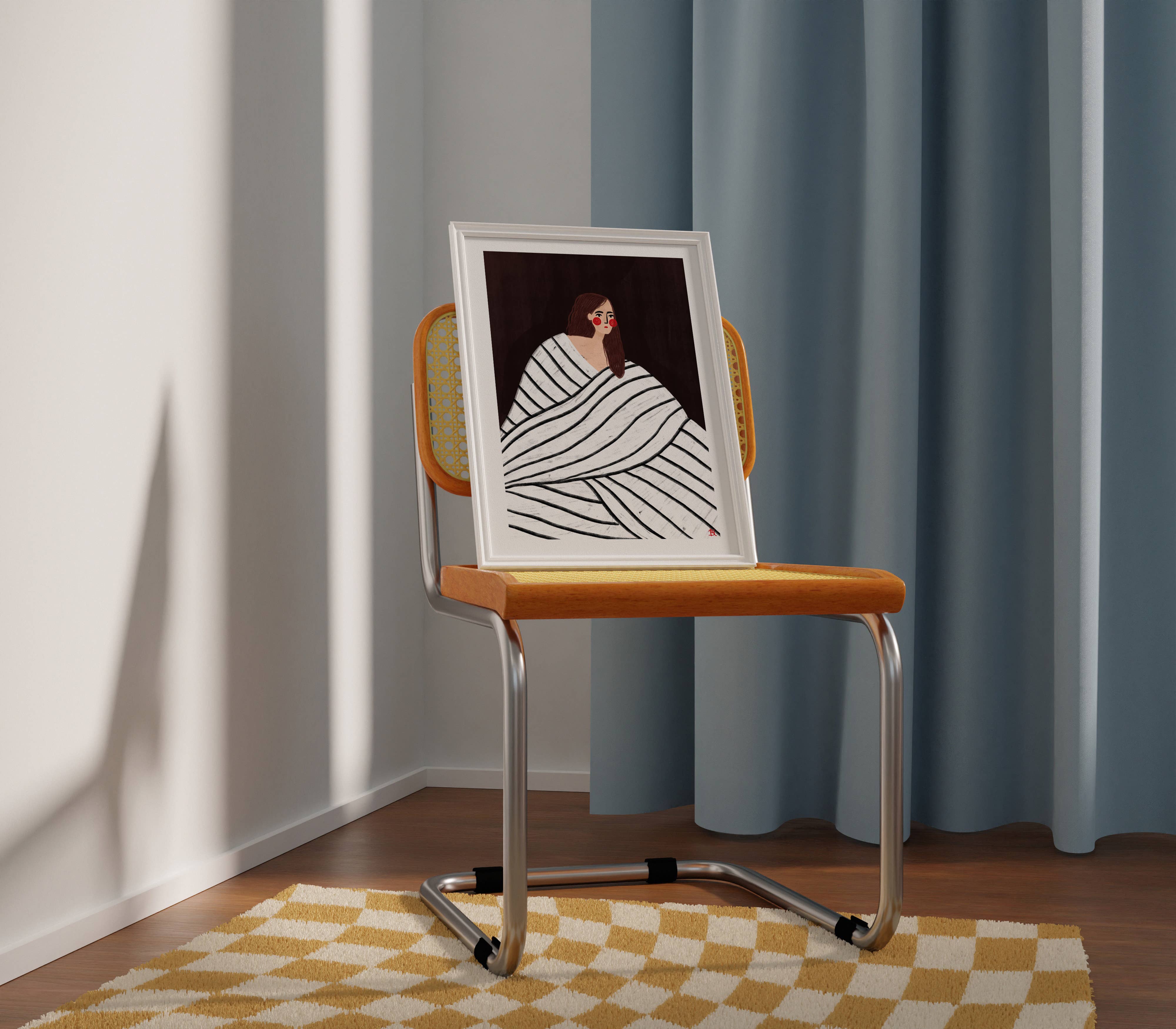 Bea Müller 'The Woman With The Black and White Stripes' A3 Unframed Art Print framed and standing on a dinning chair