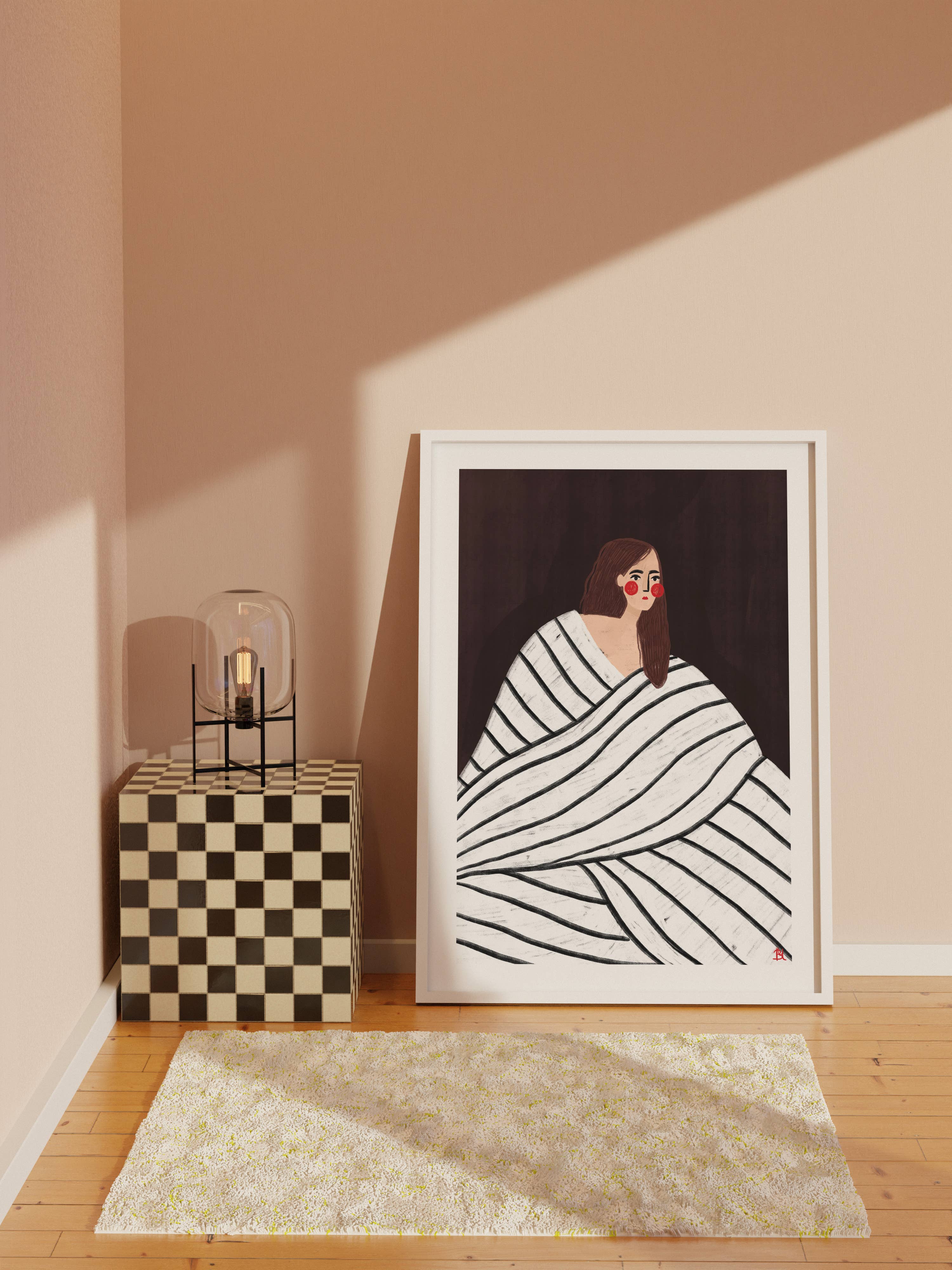 Bea Müller 'The Woman With The Black and White Stripes' A3 Unframed Art Print leaning against a wall next to a side table