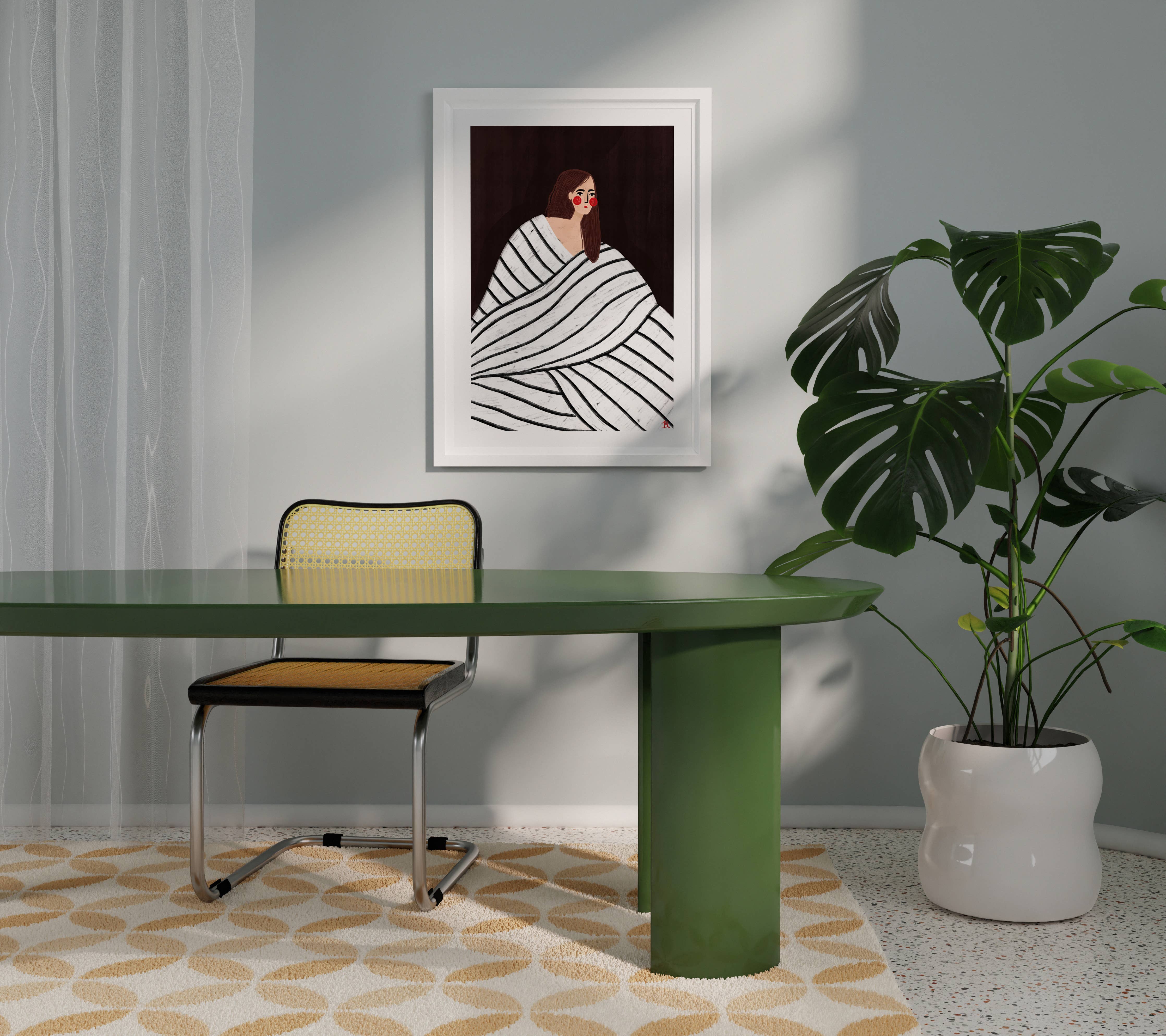 Bea Müller 'The Woman With The Black and White Stripes' A3 Unframed Art Print hanging above a green table