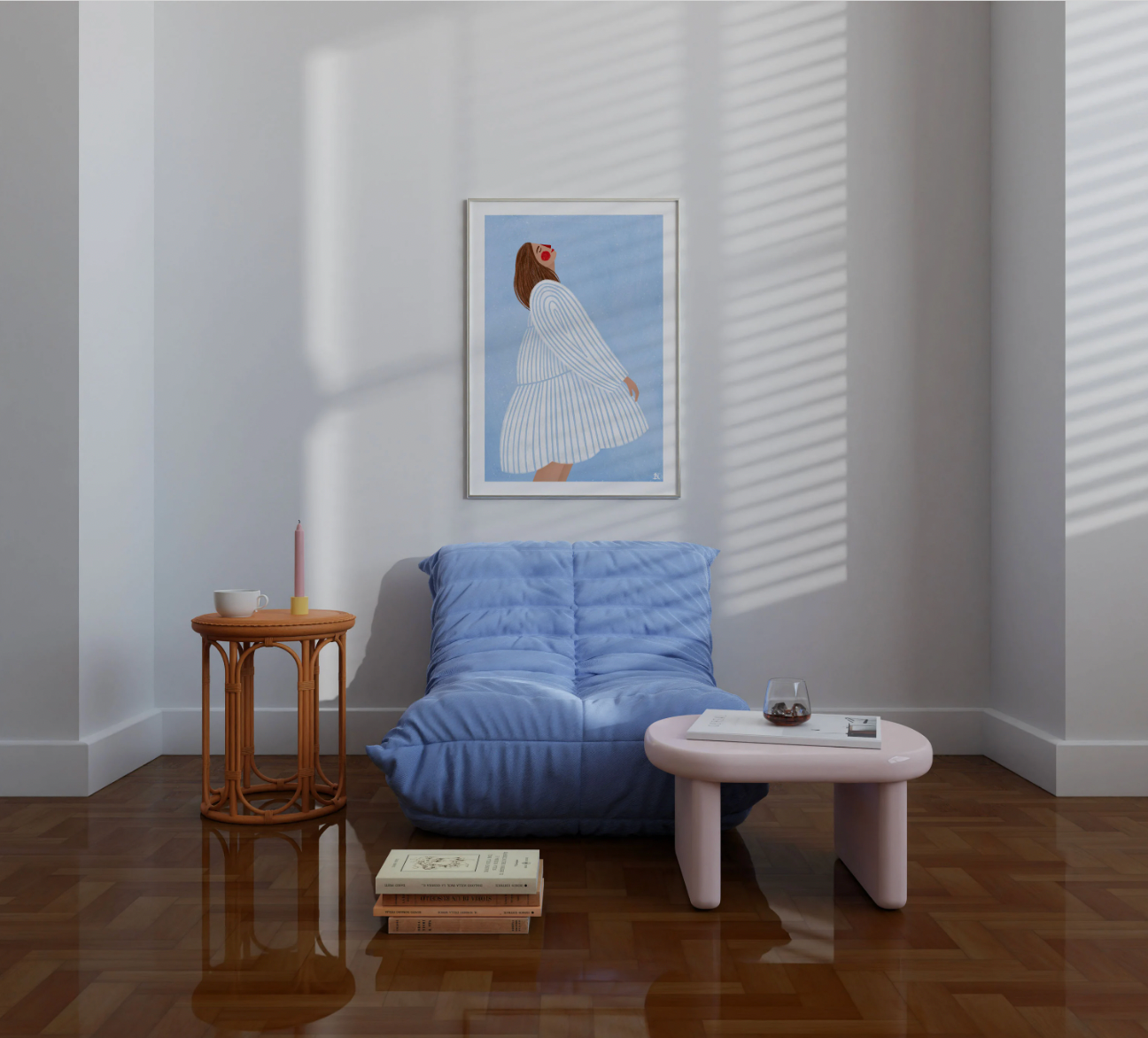 Bea Müller 'The Woman With The Blue Stripes' A3 Unframed Art Print framed and hanging above a blue sofa and tables