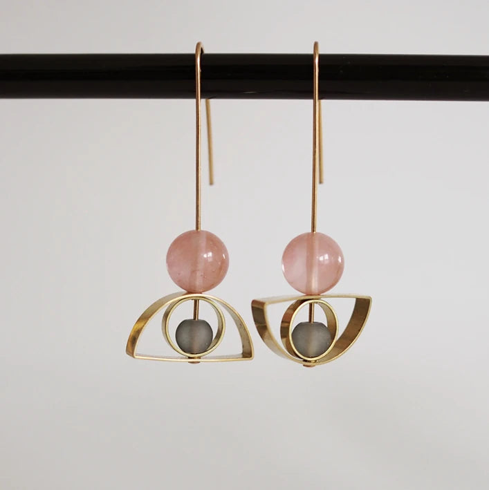 Pink & Grey Arch & Circle Brass Earrings by brass+bold