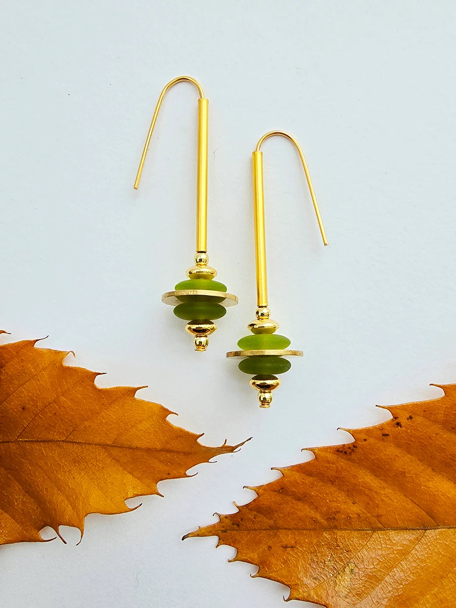 Colore Impilati Brass and Glass Earrings in lime green by brass+bold