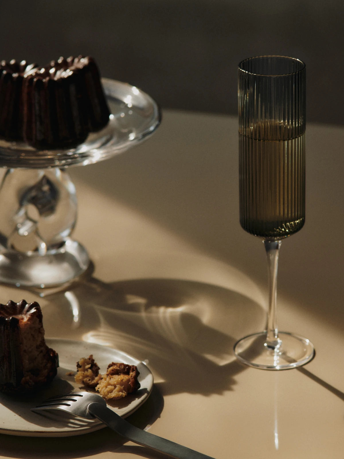 Ferm Living Set of 2 Ripple Champagne Flutes in Smoked Grey Glass - Lifestory