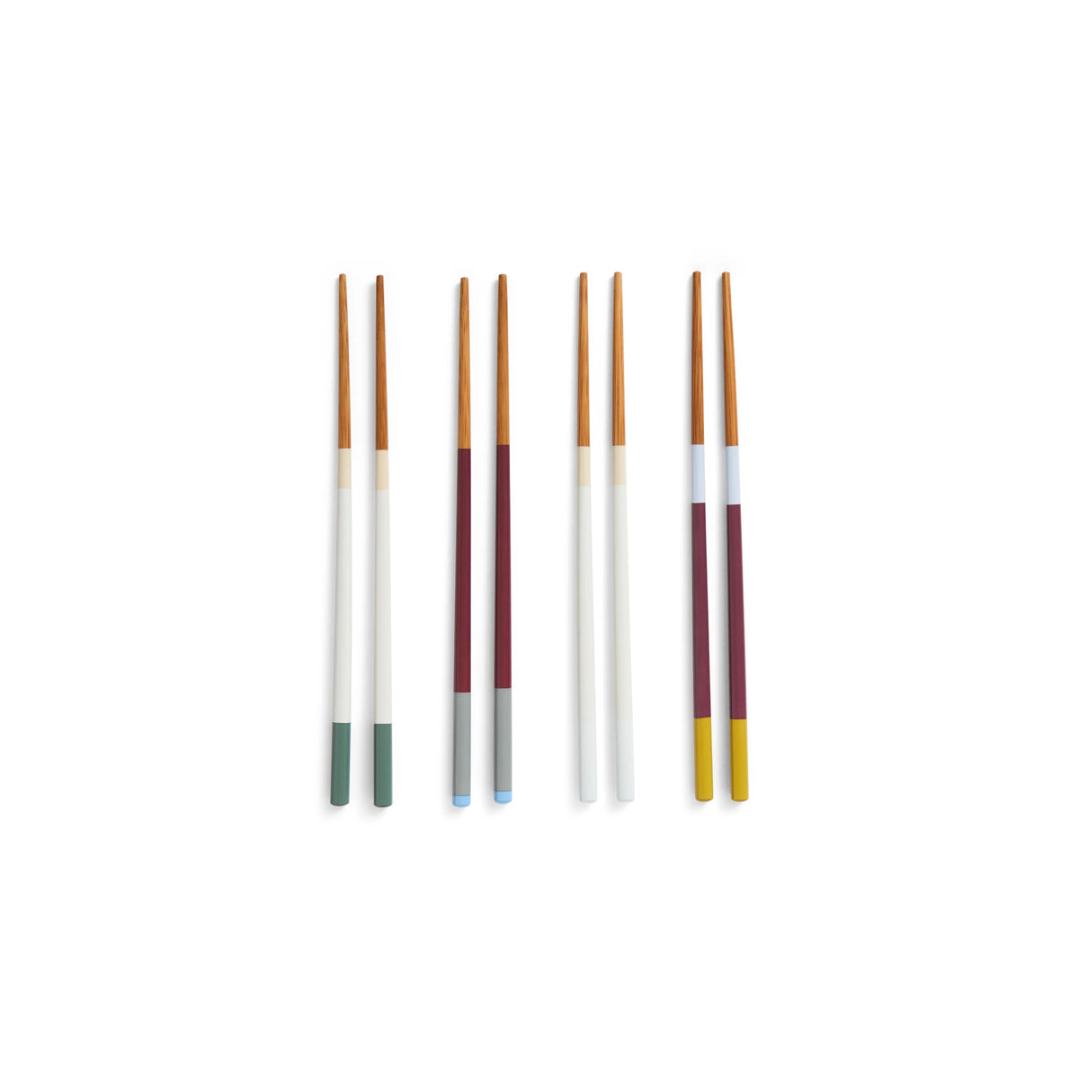 4 pairs of HAY Colour Sticks Chopsticks arranged vertically on a plain white background. The chopsticks feature natural wood tips, white handles with coloured bands in green, blue, burgundy, and yellow, and white bands near the top.