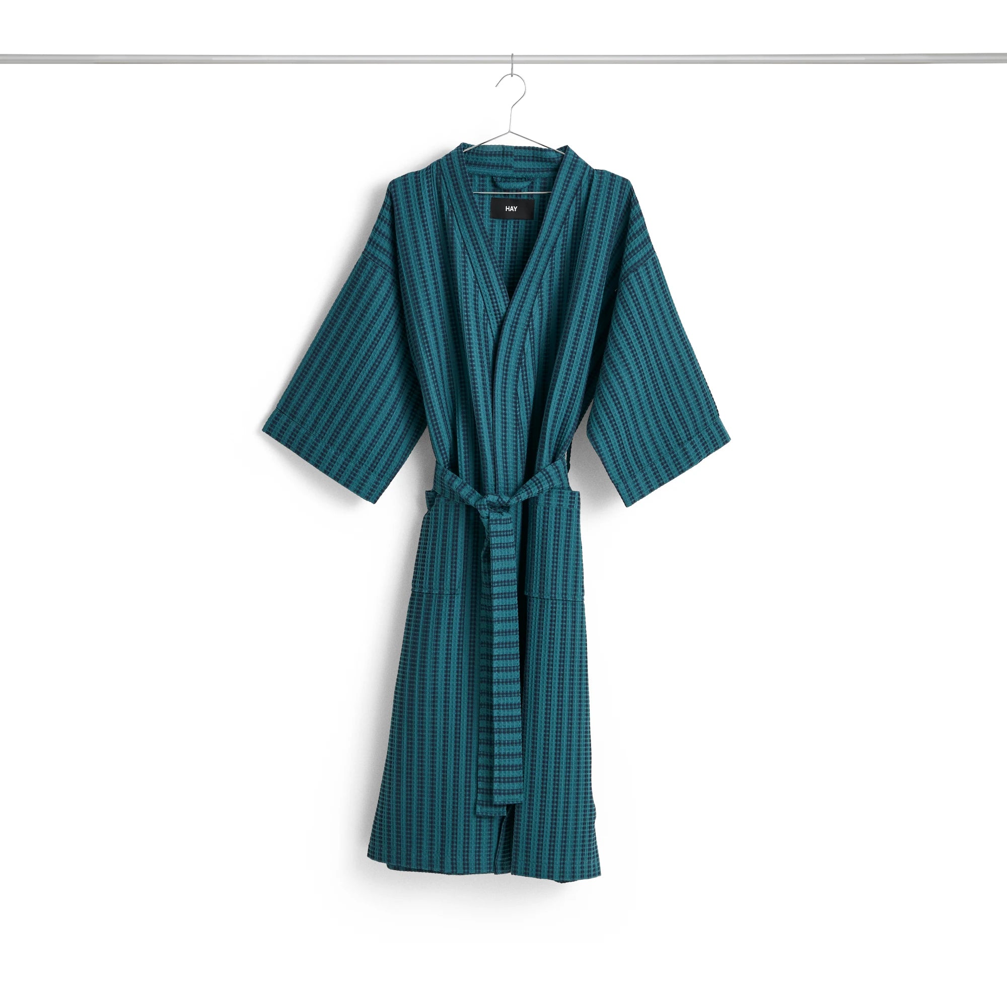 HAY waffle stripe bathrobe in petrol blue on a hanger