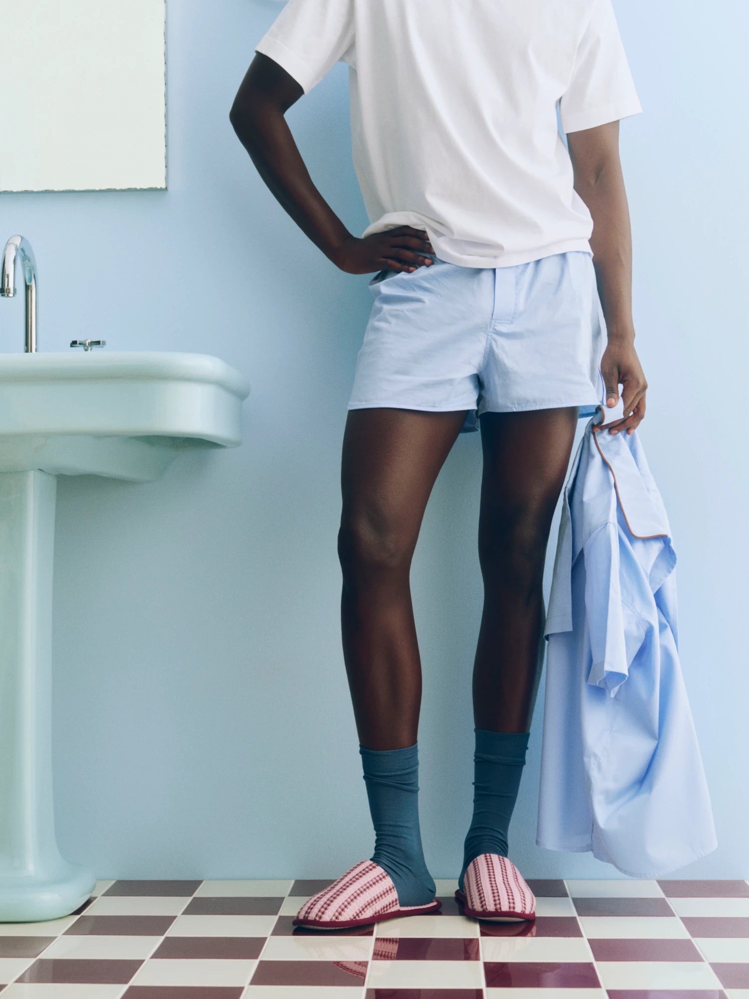 HAY waffle striped slippers in cool pink worn by a model