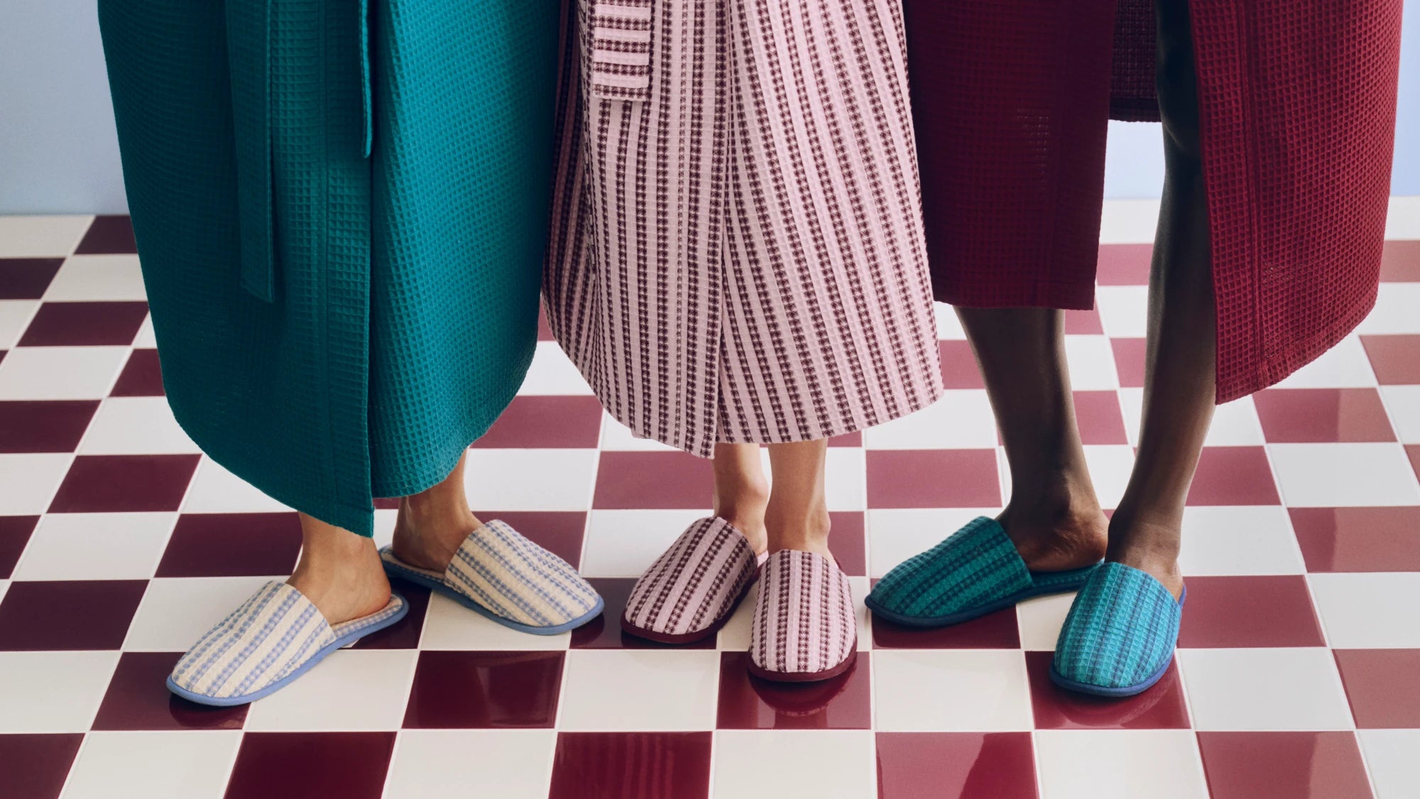 HAY waffle striped slippers and bathrobes worn by models