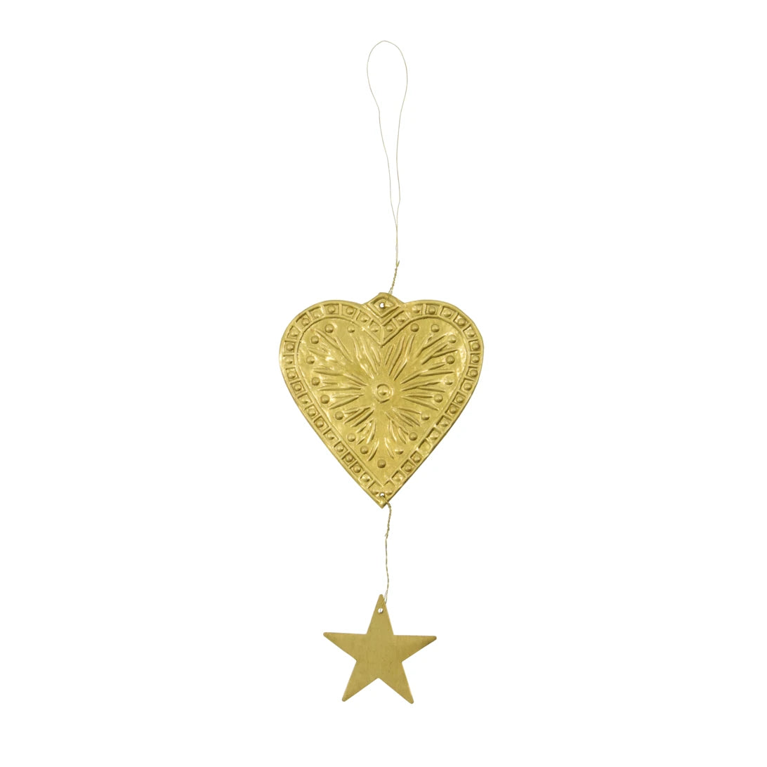 House Doctor Set of 3 Handmade Brass Hanging Ornaments - heart and star shape against a white background 