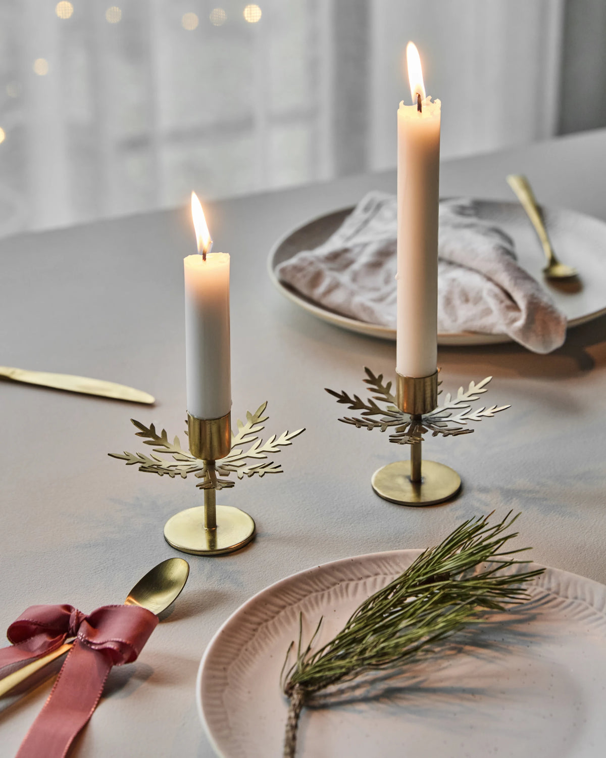 House Doctor Snowflake Set of 2 Antique Brass Taper Candle Holders