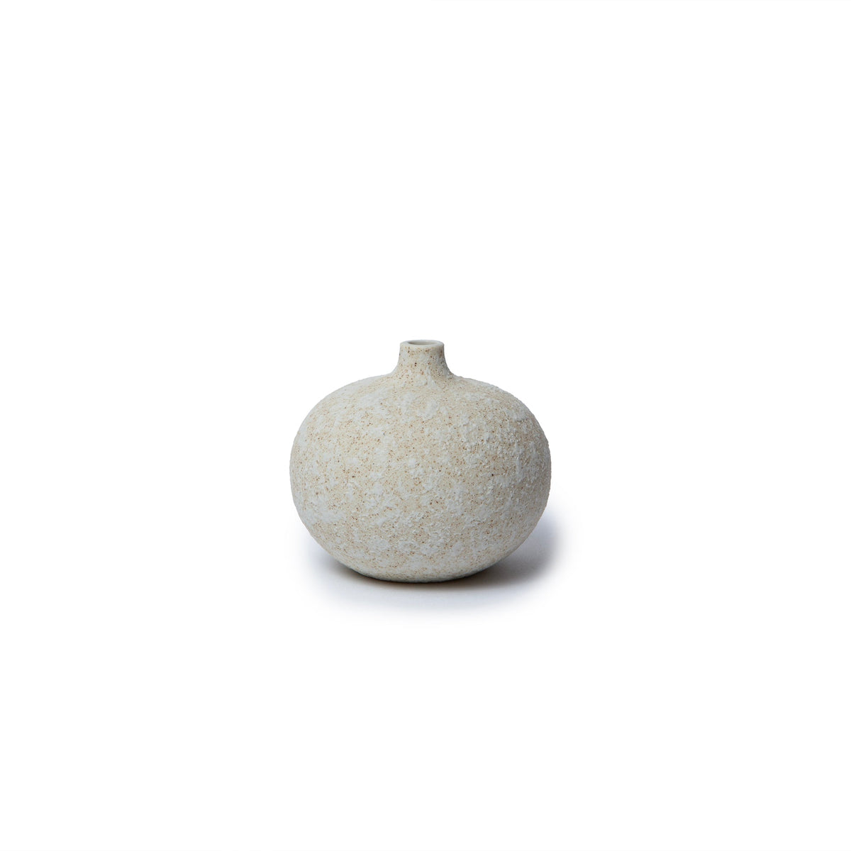 A small round ceramic vase with a short neck, featuring a speckled beige and off-white glaze, centered on a solid white background.