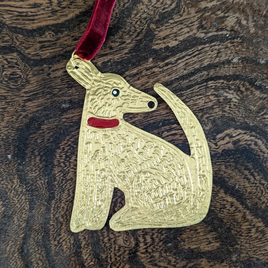 Meg Fatharly Tin Embossing Sitting Dog Ornament with Ribbon