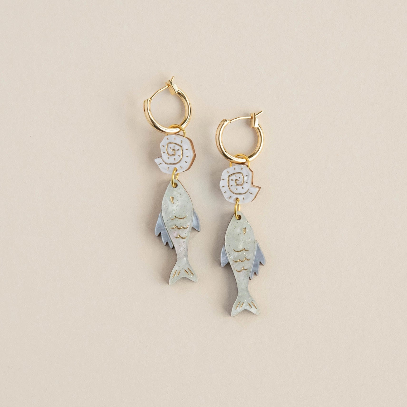 Pepper You Acrylic & Wood Anchovy & Shell Hoop Earrings in pearly mint and blue gold