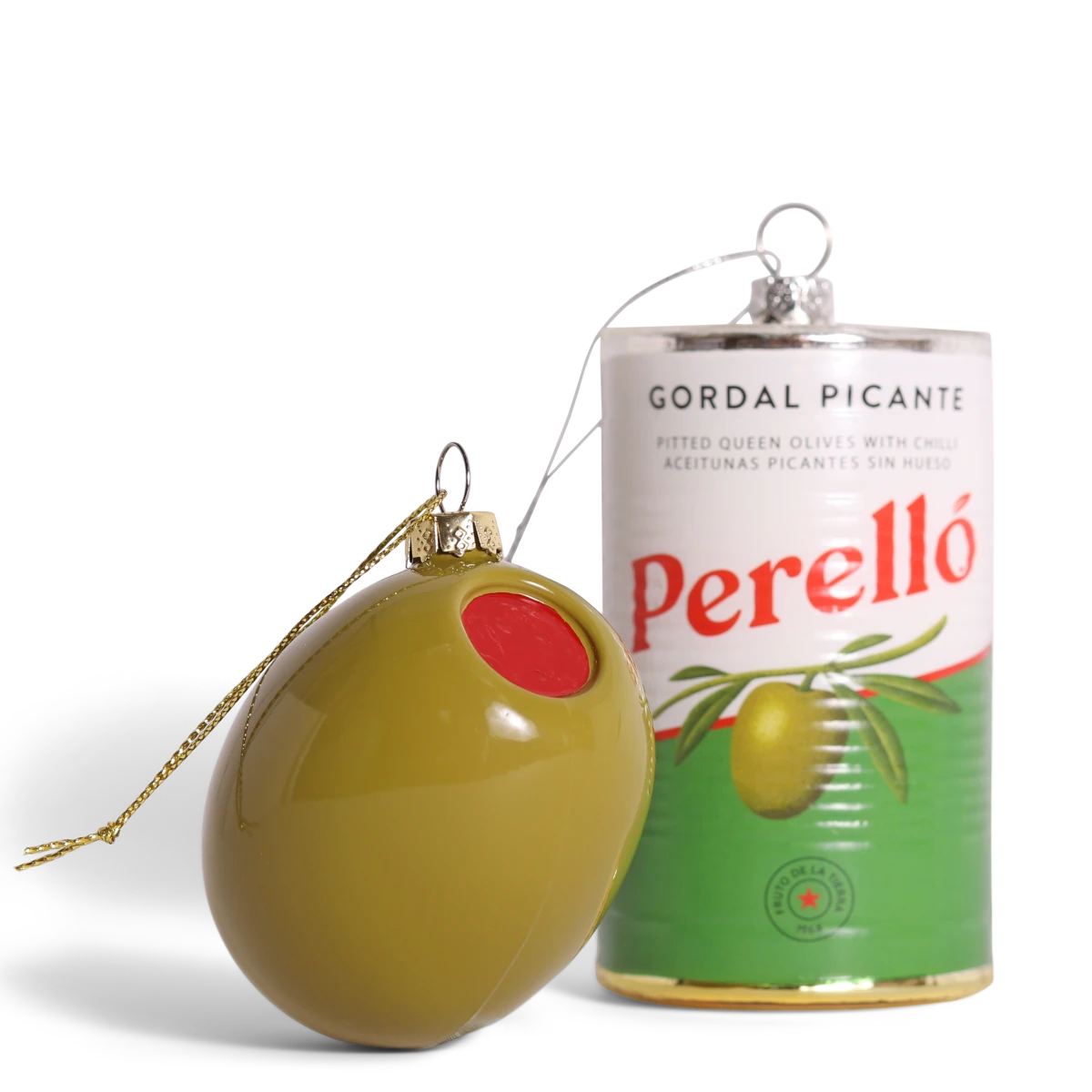 Cut out of a green and white jar of Perelló Olives as a Glass Hanging Decoration by studio THIE