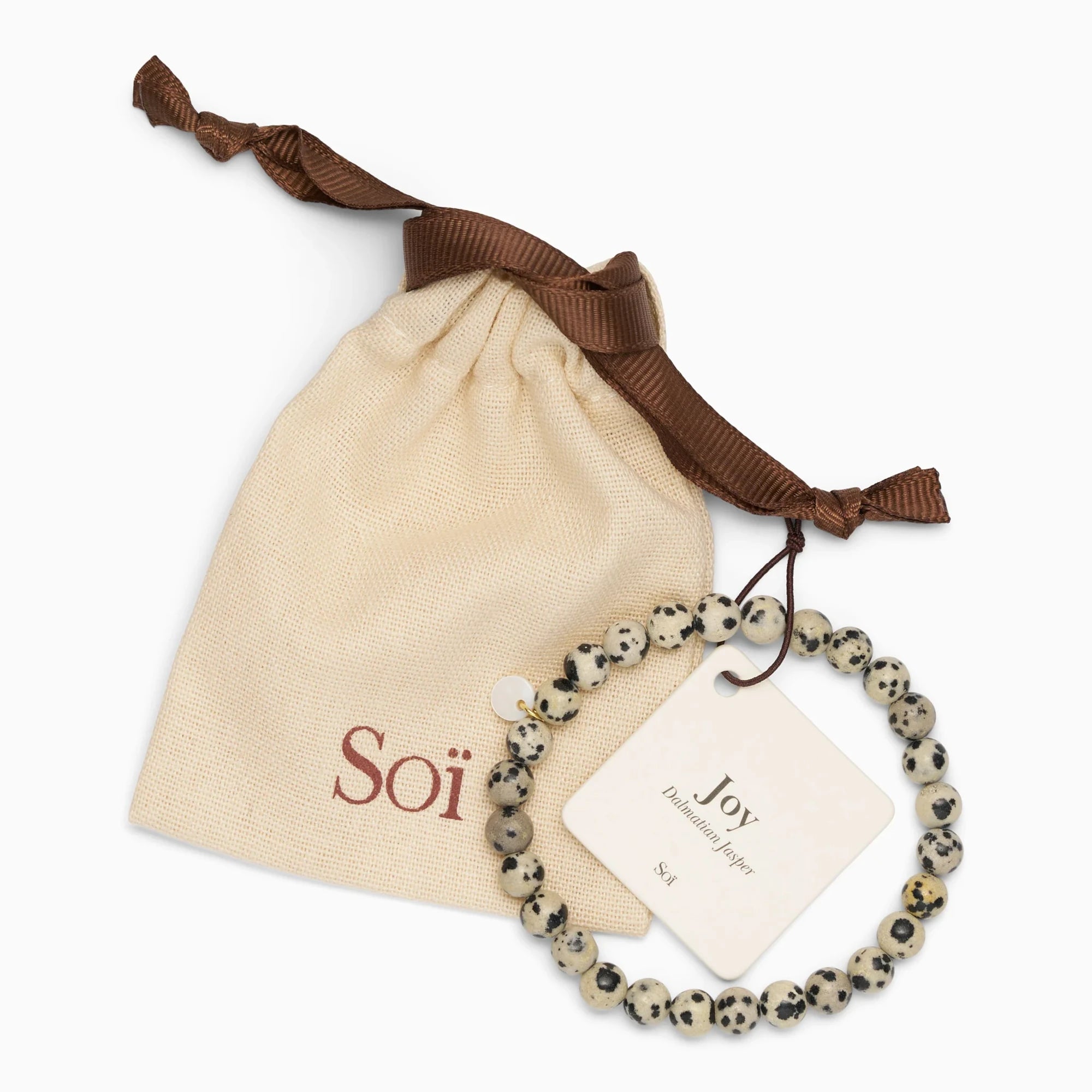 Soï Copenhagen essential Dalmatian Jasper crystal stretch bracelet with jewellery pouch