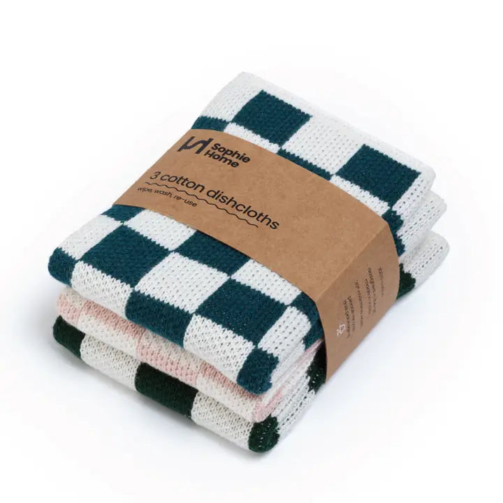 Sophie Home Reusable Cotton Checked Dish Cloths - Set of 3 - Lifestory