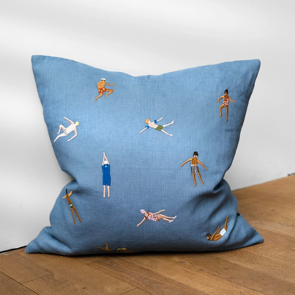 Fine Little Day Blue 'Swimmers' Embroidered Square Cushion Cover - Optional Inner - Lifestory